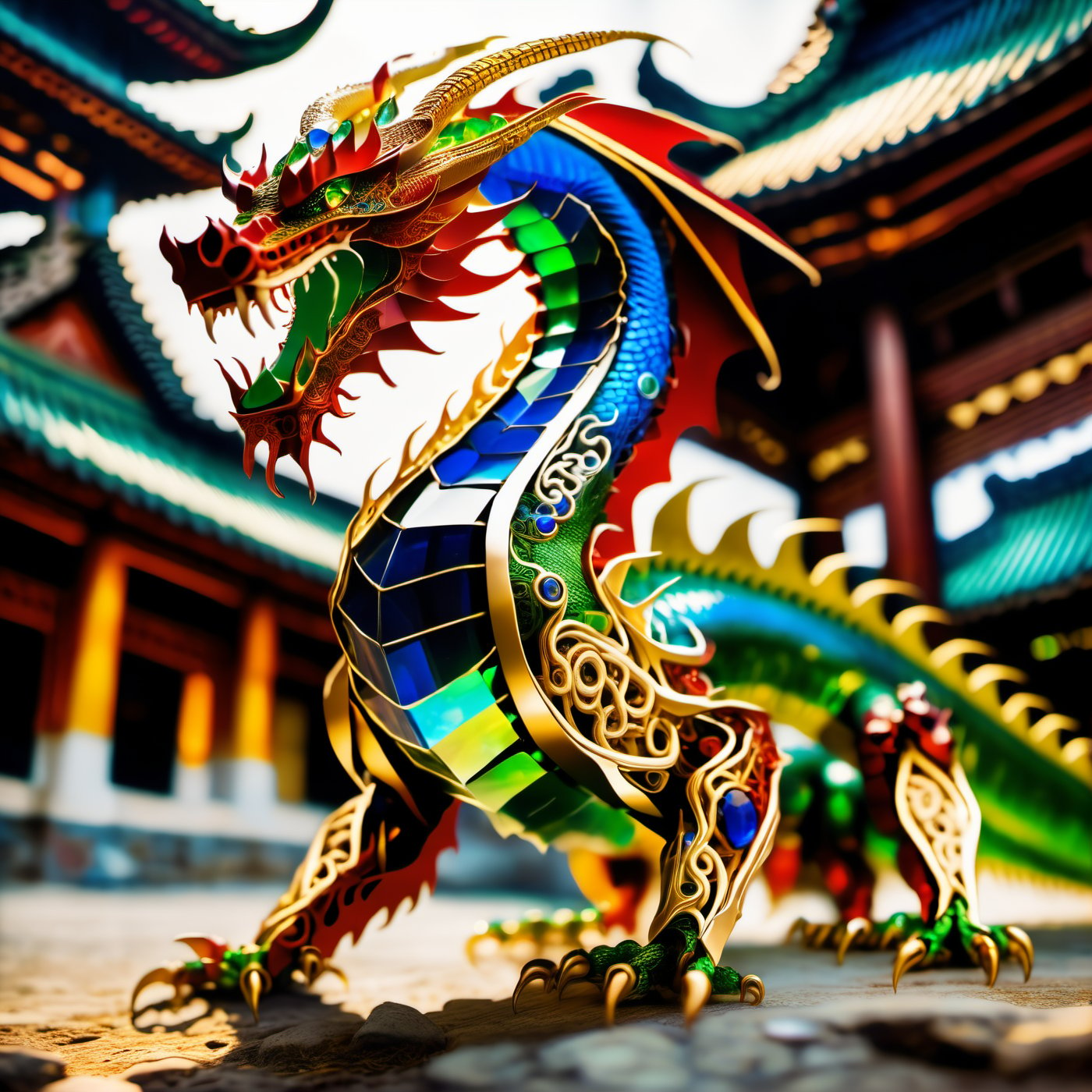 (long:1.2), (living:1.2) dragon made of gold filigree, green gems, blue gems, red gems, shining, and white paper, sitting on the ground outside ancient bulding, (((full-body view portrait))), detailed background, action_pose,gemsdragon