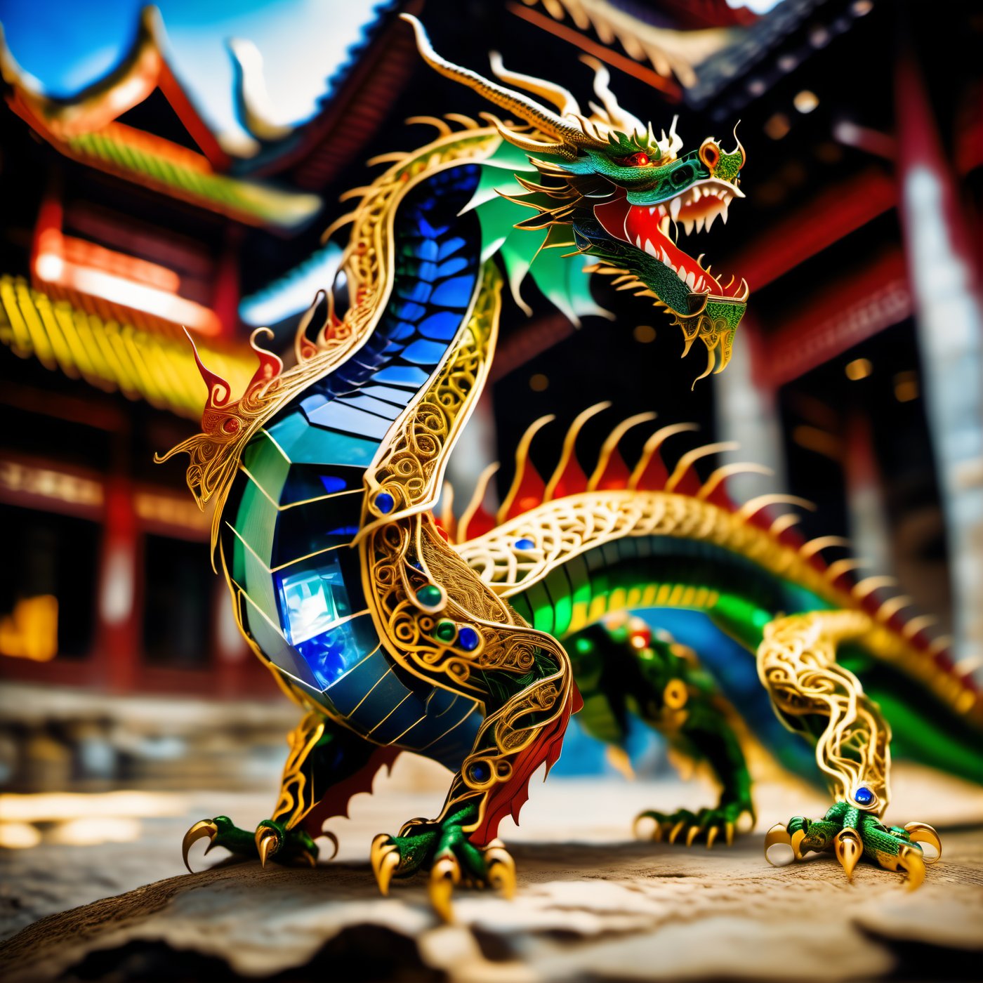 (long:1.2), (living:1.2) dragon made of gold filigree, green gems, blue gems, red gems, shining, and white paper, sitting on the ground outside ancient bulding, (((full-body view portrait))), detailed background, action_pose,gemsdragon