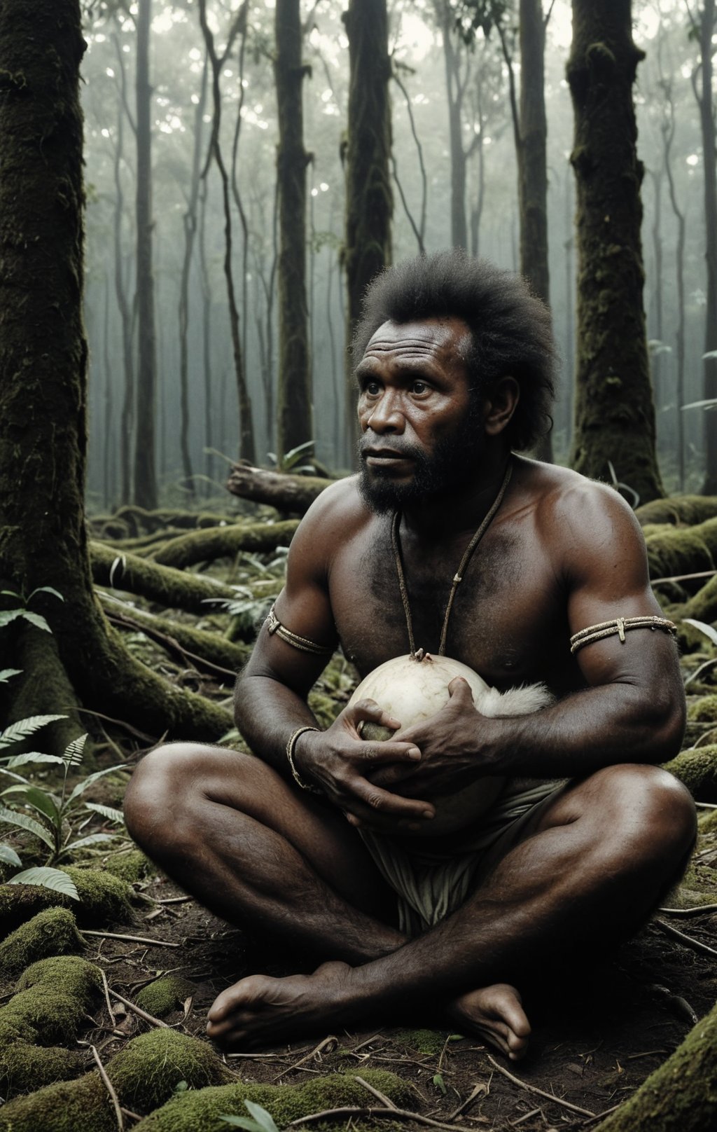+ Papuan, Ivory, in fetal pose position, in Sanctuary, point of view shooting, nesting, majestic, filmed by Don McCullin FOV 90 degrees, Light, Steelpunk, Dark forest candlelight, movie grain, film camera, field depth 270 mm