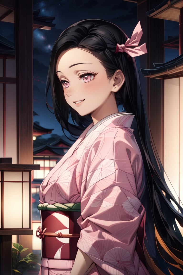 beautiful face, gradient hair, masterpiece, beautiful face, expression smiling, cute woman, seductive look, smiling, watching you, 1 girl, Exquisite visuals, whole body profile,  kamado nezuko , pink eyes ,black hair, forehead, hair ribbon, japanese clothes, kimono, long hair, multicolored hair, pink kimono, pink ribbon, ribbon, smile, very long hair, night sky,EpicSky, front visual