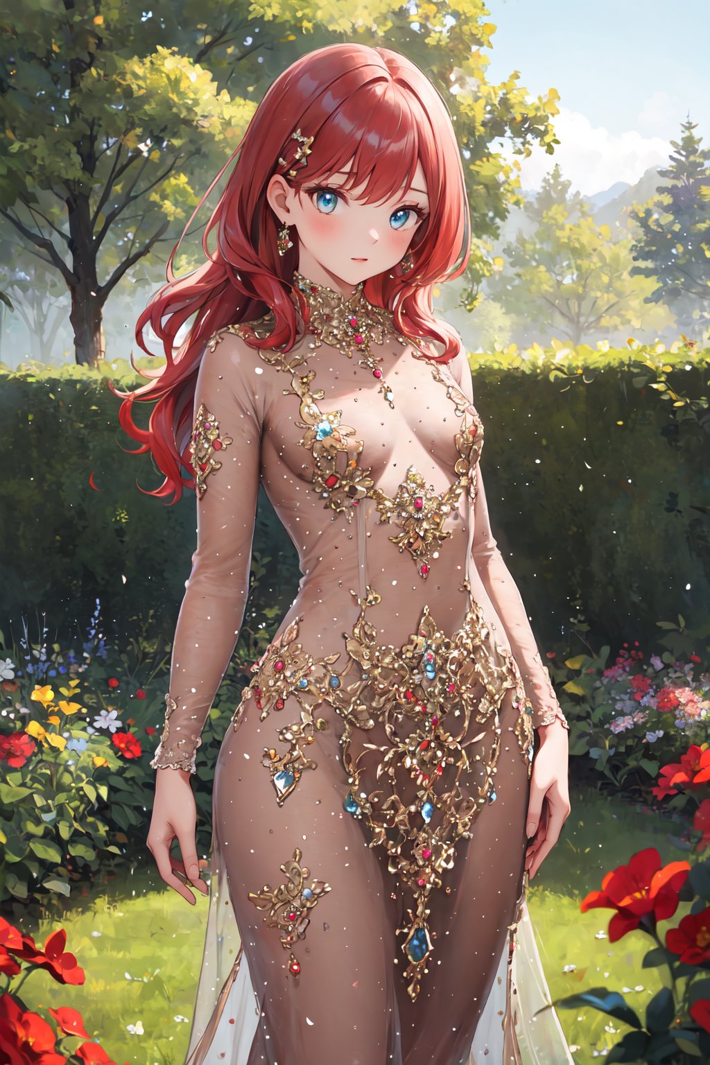 masterpiece,best quality,highres,ultra-detailed,cowboy shot,solo,1girl,small_breasts,long hair,red hair,standing,outdoors,garden,trees,gem,jeweled_evening_dress,