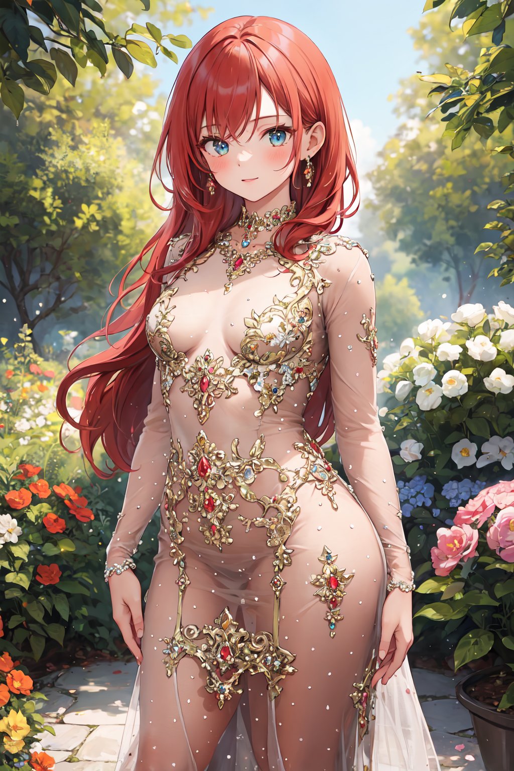 masterpiece,best quality,highres,ultra-detailed,cowboy shot,solo,1girl,small_breasts,long hair,red hair,standing,outdoors,garden,trees,gem,jeweled_evening_dress,