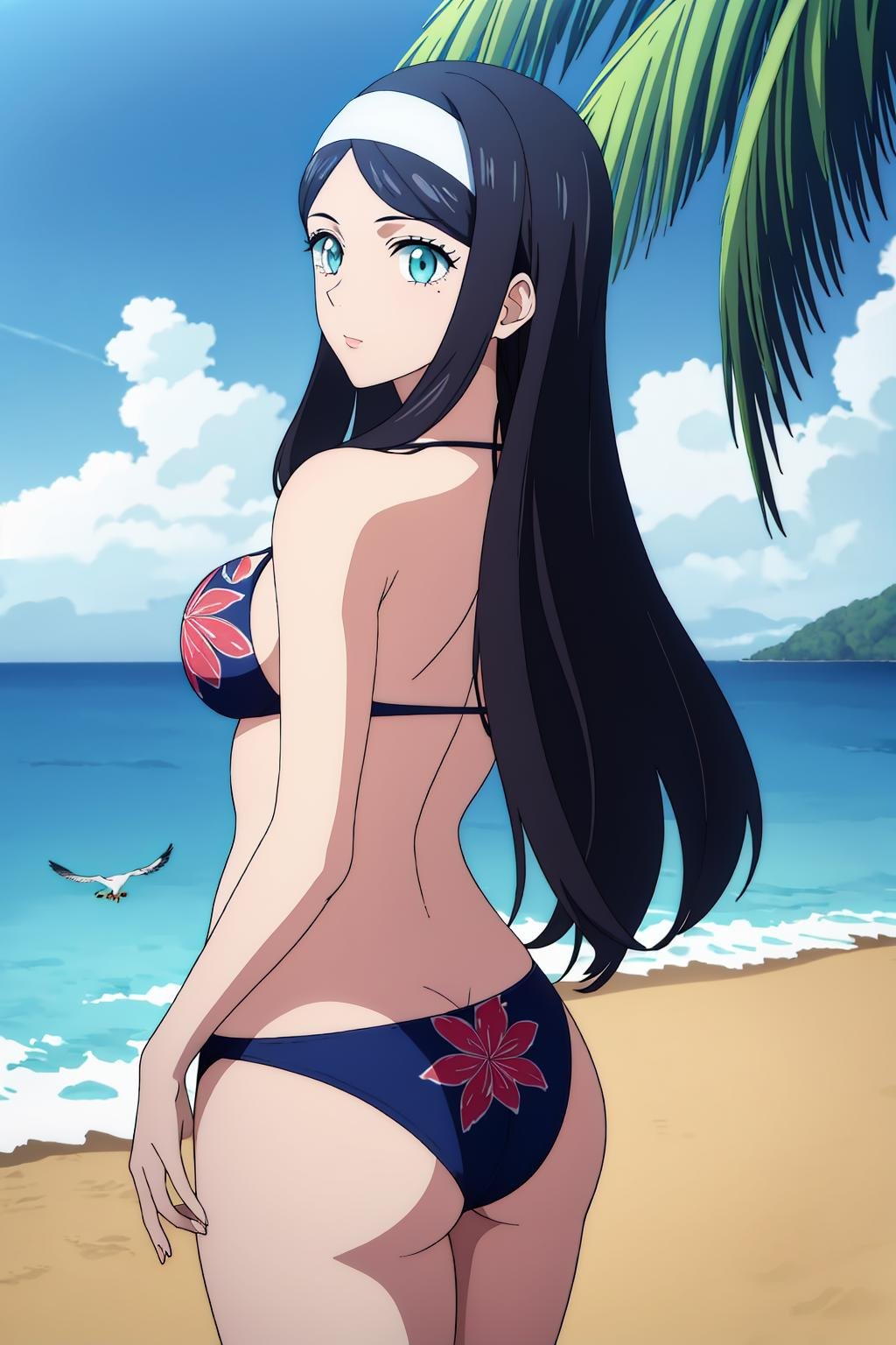((best quality)),((highly detailed)),masterpiece,absurdres,detailed face,beautiful face,(detailed eyes, deep eyes),1girl,((dynamic pose)) , <lora:LilyV1:0.7>﻿Lily, aqua eyes, black hair, eyelashes, veil, eyelashes, solo, medium breasts, bikini, sea waves, cowboy shot, seagulls, ocean, horizon line, clouds, palm trees, tropical paradise, floral print, beach vacation, summer getaway, relaxed atmosphere, detailed face, beautiful eyes, from behind