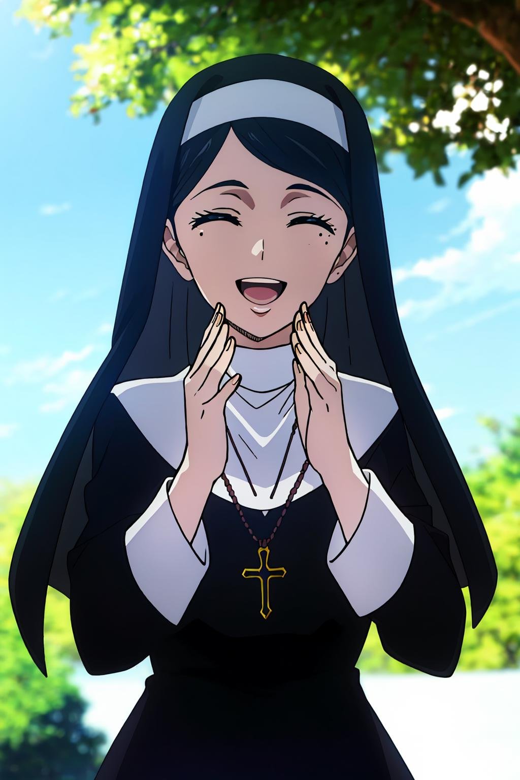 ((best quality)),((highly detailed)),masterpiece,absurdres,detailed face,beautiful face,(detailed eyes, deep eyes),1girl,((dynamic pose)) , <lora:LilyV1:0.7>Lily, nun, solo, habit, jewelry, ((closed eyes)), cross, necklace, tree, black hair, open mouth, cross necklace, smile, sky, day, long hair, outdoors, sunlight, dappled sunlight, cloud, ^_^, cowboy shot, blurry, blue sky, :d, mole, hand on face