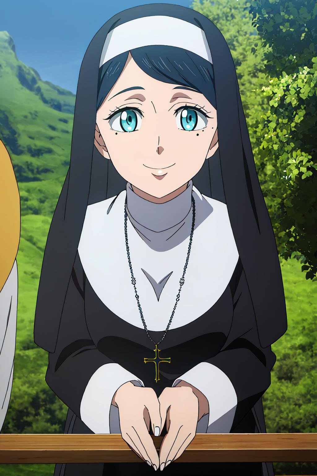 ((best quality)),((highly detailed)),masterpiece,absurdres,detailed face,beautiful face,(detailed eyes, deep eyes),1girl,((dynamic pose)) , <lora:LilyV1:0.7>Lily, aqua eyes, nun, habit, black hair, jewelry, necklace, tree, cross, mole, mole under eye, own hands together, day, smile, solo, outdoors, sky, freckles, cross necklace, looking at viewer, short hair, eyelashes, solo focus, breasts, nature