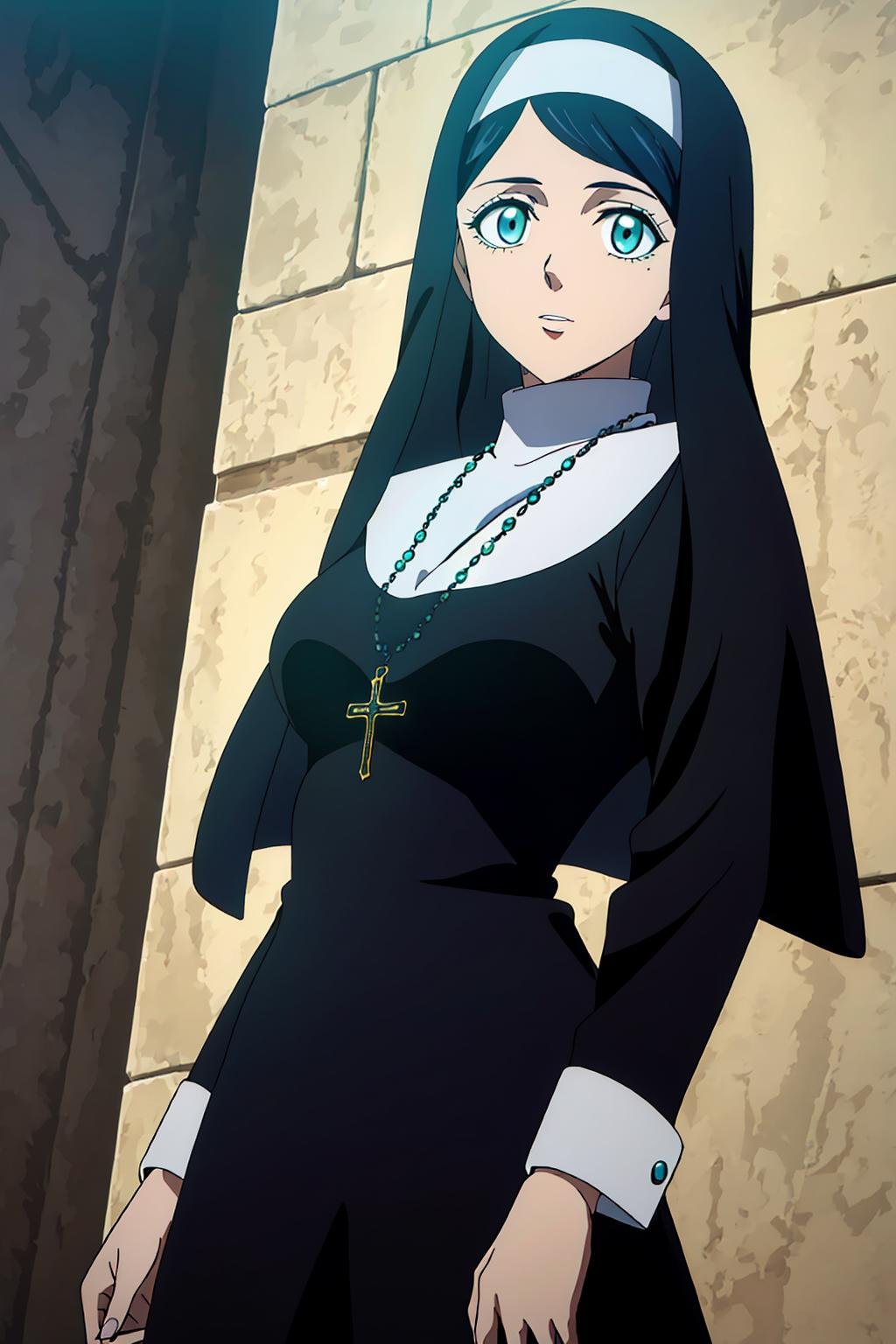 ((best quality)),((highly detailed)),masterpiece,absurdres,detailed face,beautiful face,(detailed eyes, deep eyes),1girl,((dynamic pose)) , <lora:LilyV1:0.7>Lily, nun, jewelry, cross, habit, aqua eyes, necklace, black hair, cross necklace, solo , short hair, outdoors, veil, looking at viewer, breasts, own hands together, dress, long hair, standing