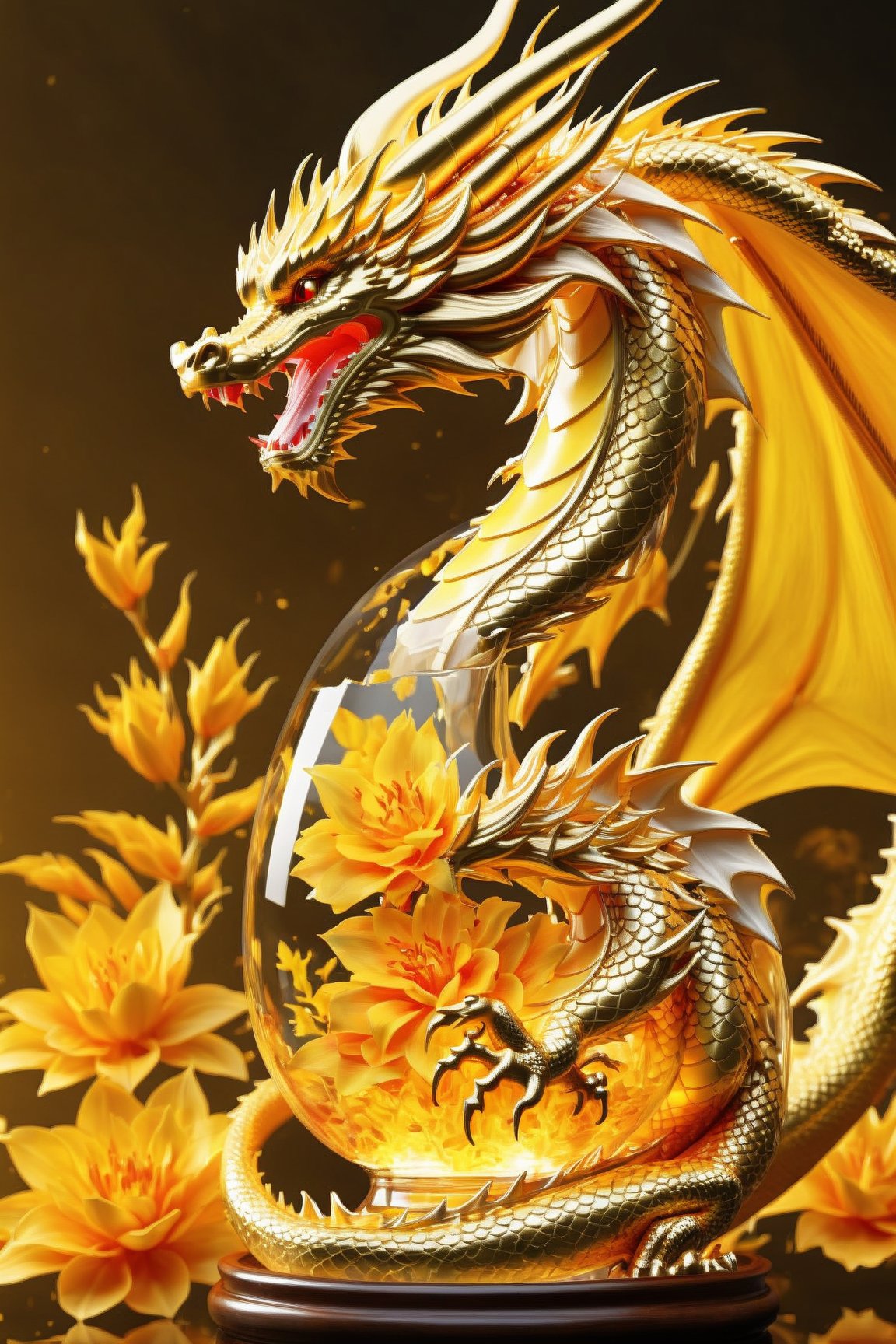 Generate hyper realistic DRAGON,in the glass bottle,
Flower,liquid fire,dragon,Bottle,Dragon,golden dragon