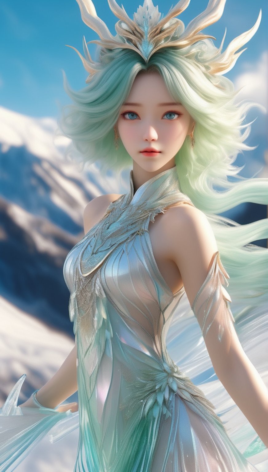 dynamic pose, ice dress, body shot, crown of ice flowers, long shot, cute translucent water ice queen woman, dynamic pose, full head-to-toe shot, full body shot, perfect detailed face, detailed symmetric blue-green eyes with circular iris soft natural lighting, symmetrical, natural skin texture, soft lighting, detailed face, photorealism, soft pastel colors sparkling, looking into the camera, photorealistic painting, sharp focus, 8k, perfect composition, trending on artstation, award-winning photograph, unreal engine 5, cinematic smooth, intricate detail, studio photo, highly detailed. simple mountain snow background. blue green hair, blue-green eye brows, transparent ice skin, dynamic profile pose, winter Boquete of ice flowers, flowing silky water-ice dress.,cute eyes,God of wealth,dragon chinese,golden dragon