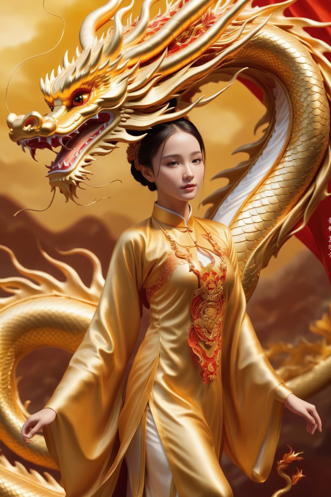 elegant young girl, traditional golden dragon, vibrant colors, majestic pose, flying motion, intricate dragon scales, flowing garments, silk textures, celestial background, ornate details, fantasy theme, ethereal atmosphere, dynamic composition, rich cultural elements, mythical vibe, (masterpiece: 2), best quality, ultra highres, original, extremely detailed, perfect lighting,Chinese Dragon,Katon,aotac,daxiushan,golden dragon