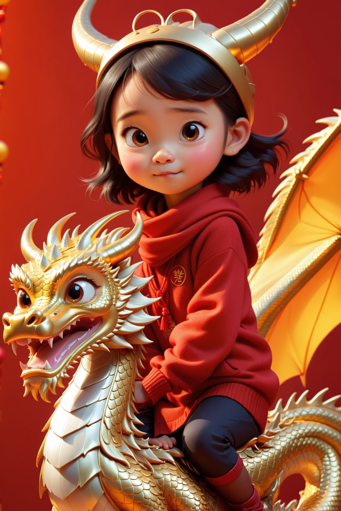 Pixar style, a cute little Chinese girl, wearing a red sweater sitting on the head of a red dragon, the little girl wearing a red wool scarf, exaggerated expression, pure Chinese red background, big red background, very festive, Chinese elements, welcoming the New Year, commercial photography, glow, God Ray, ray tracing, backlight, 32k,Bottle,Dragon,golden dragon,cute cartoon ,3D