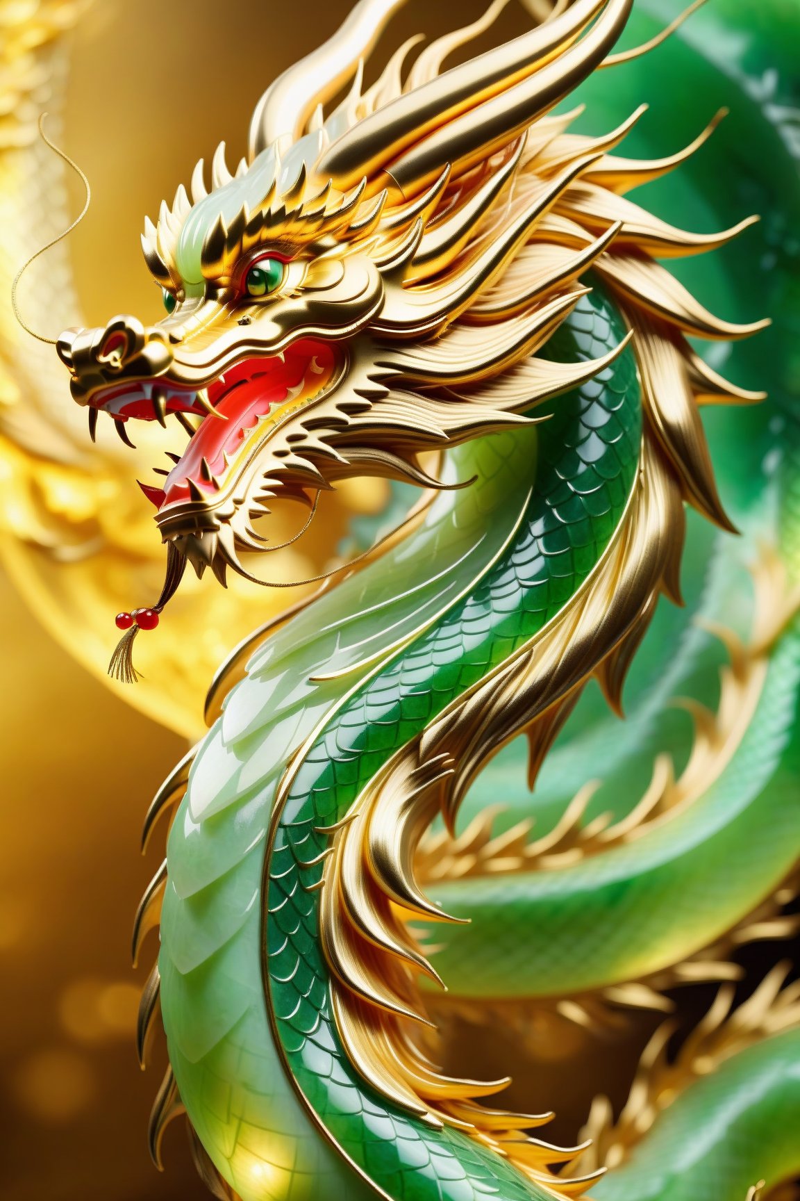 Chinese dragon made entirely of jade, shimmering and glowing, intricate jade texture, majestic and elegant, radiant green hues, sparkling with light, by FuturEvoLab, (masterpiece: 2), best quality, ultra highres, original, extremely detailed, perfect lighting, fantasy theme, magical aura,golden dragon