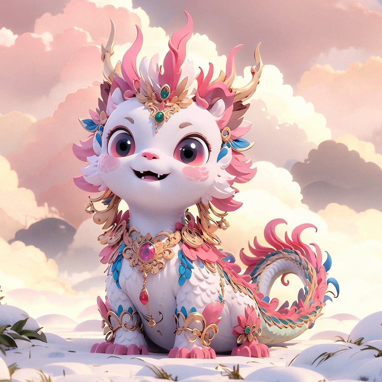 solo, looking at viewer, red eyes, jewelry, closed mouth, tail, full body, necklace, no humans, gem, pink dragon, clouds