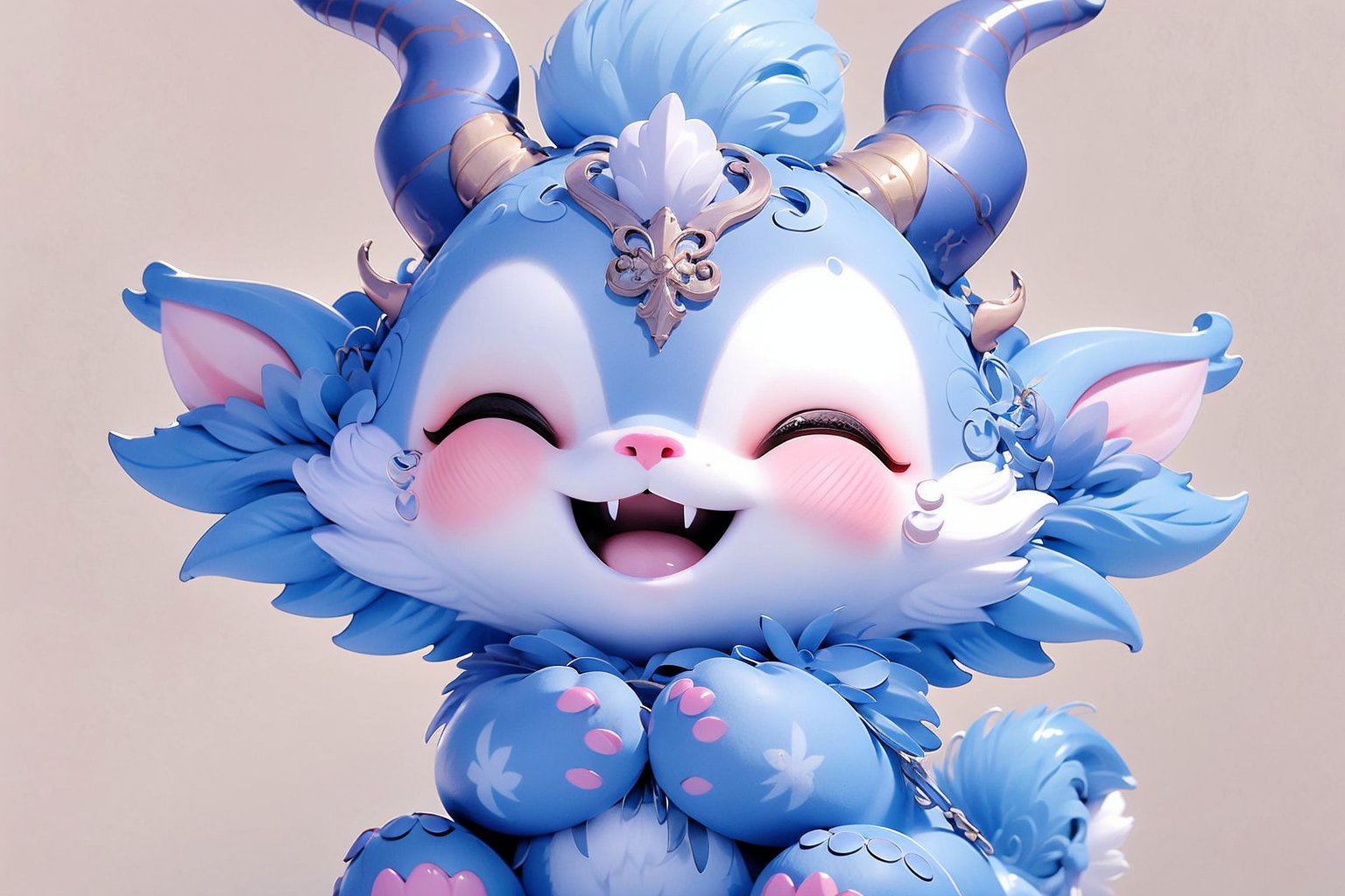 solo, blush, smile, open mouth, simple background, sitting, full body, closed eyes, horns, no humans, :3, happy, fluffy, pawpads, blue fur