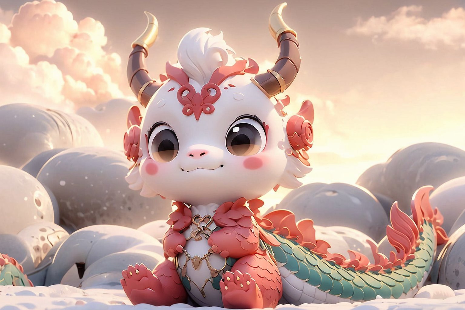 solo, blush, smile, brown eyes, sitting, tail, horns, sky, cloud, no humans, dragon, dragon tail