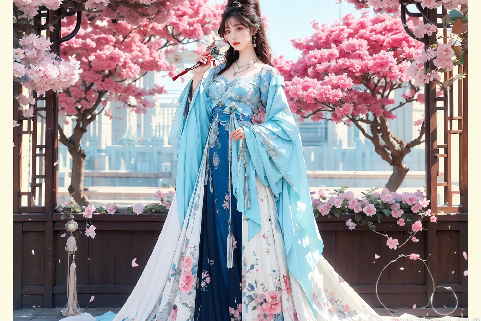 1girl, solo, long hair, black hair, hair ornament, long sleeves, dress, holding, jewelry, standing, full body, flower, earrings, hair flower, wide sleeves, necklace, tree, petals, chinese clothes, letterboxed, cherry blossoms, tassel, hand fan, folding fan, holding fan, hanfu,ancient_beautiful