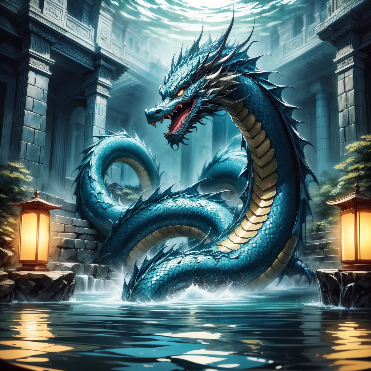 A mystical scene illustrating 'Hidden dragon, do not act' (潜龙勿用), emphasizing the presence of a traditional Chinese dragon. The dragon, with its splendid scales and powerful presence, is subtly depicted as lurking in the depths of a deep and ancient dragon pool, signaling a state of readiness yet restraint. The dragon's form is partially concealed by the dark, enigmatic waters, hinting at its immense potential and controlled power. The setting evokes a sense of mystery and anticipation, with the dragon's silhouette barely visible, representing the wisdom of hidden strength and the strategic patience of potential unleashed at the right moment.
By FuturEvoLab, (Masterpiece, Best Quality, 8k:1.2), (Ultra-Detailed, Highres, Extremely Detailed, Absurdres, Incredibly Absurdres, Huge Filesize:1.1), 