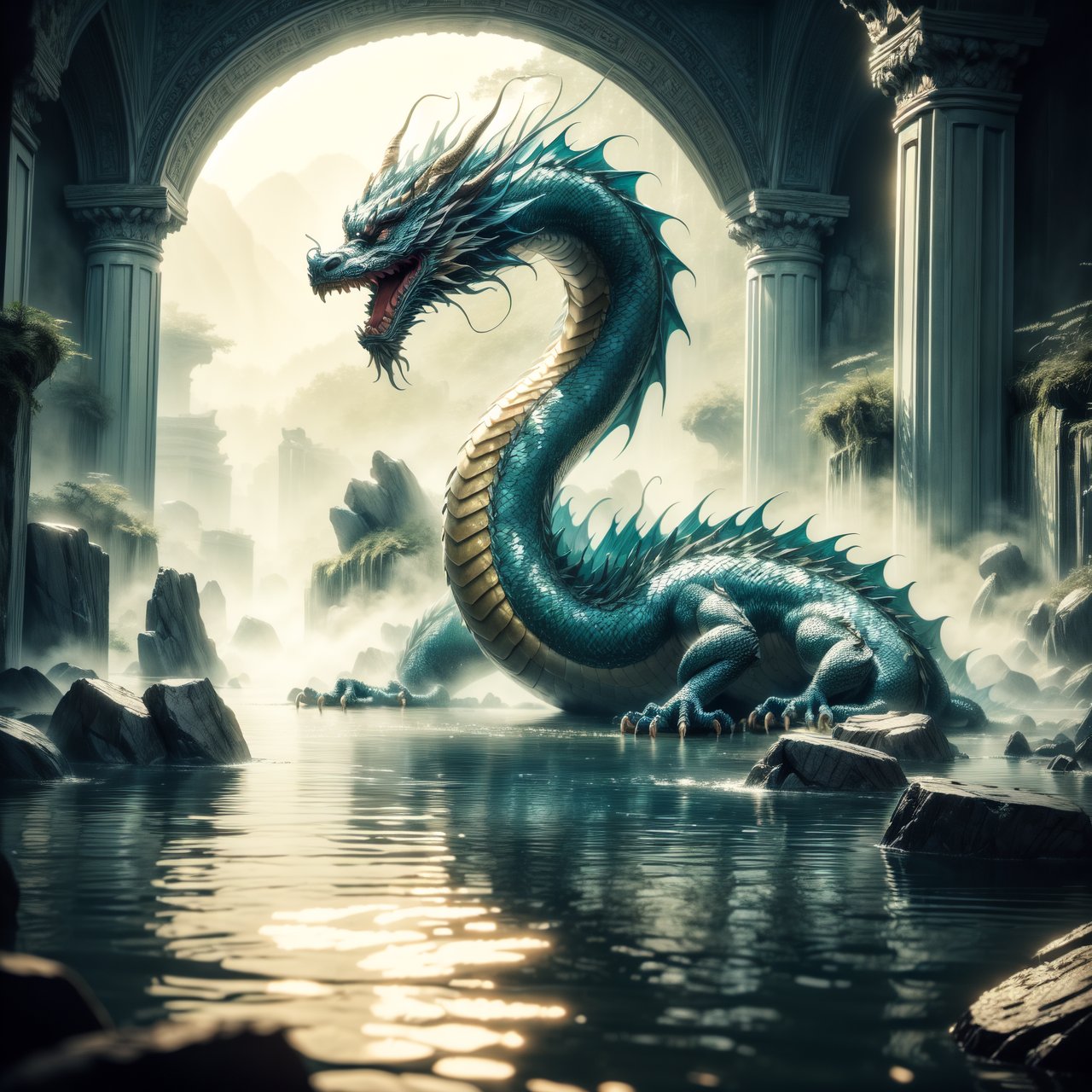 A mystical scene illustrating 'Hidden dragon, do not act' (潜龙勿用), emphasizing the presence of a traditional Chinese dragon. The dragon, with its splendid scales and powerful presence, is subtly depicted as lurking in the depths of a deep and ancient dragon pool, signaling a state of readiness yet restraint. The dragon's form is partially concealed by the dark, enigmatic waters, hinting at its immense potential and controlled power. The setting evokes a sense of mystery and anticipation, with the dragon's silhouette barely visible, representing the wisdom of hidden strength and the strategic patience of potential unleashed at the right moment.
By FuturEvoLab, (Masterpiece, Best Quality, 8k:1.2), (Ultra-Detailed, Highres, Extremely Detailed, Absurdres, Incredibly Absurdres, Huge Filesize:1.1), 