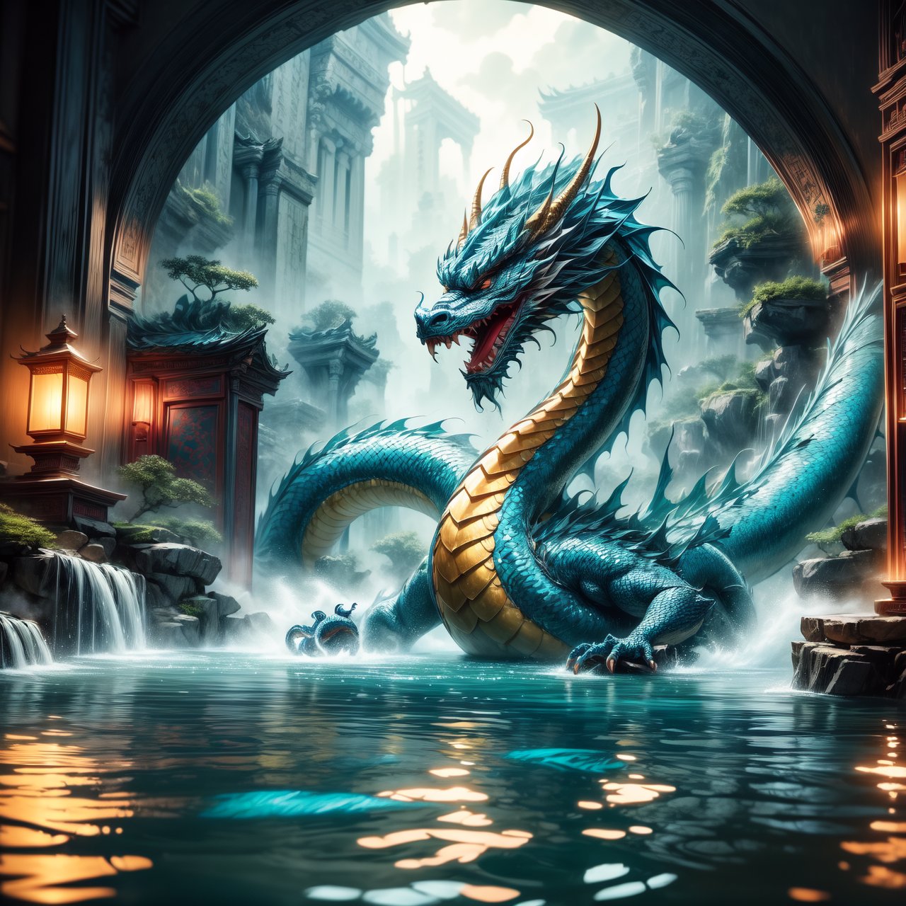 A mystical scene illustrating 'Hidden dragon, do not act' (潜龙勿用), emphasizing the presence of a traditional Chinese dragon. The dragon, with its splendid scales and powerful presence, is subtly depicted as lurking in the depths of a deep and ancient dragon pool, signaling a state of readiness yet restraint. The dragon's form is partially concealed by the dark, enigmatic waters, hinting at its immense potential and controlled power. The setting evokes a sense of mystery and anticipation, with the dragon's silhouette barely visible, representing the wisdom of hidden strength and the strategic patience of potential unleashed at the right moment.
By FuturEvoLab, (Masterpiece, Best Quality, 8k:1.2), (Ultra-Detailed, Highres, Extremely Detailed, Absurdres, Incredibly Absurdres, Huge Filesize:1.1), 