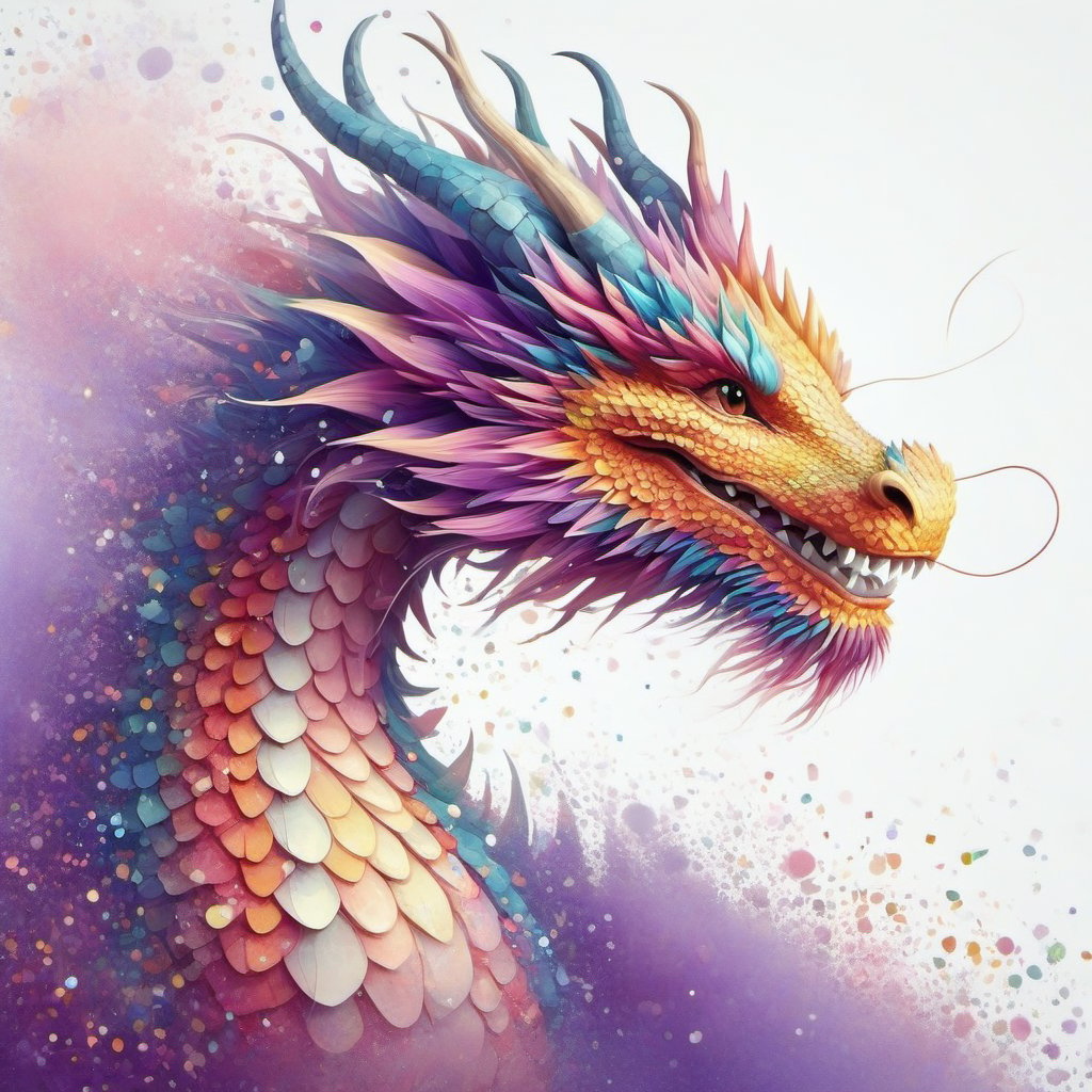 A detailed illustration of a print of a cute colorful dragon,  smile,  glitter,  Studio Ghibli style,  light white,  violet and pink pastel tetradic colors,  line art,  2d cute,  3D vector art,  cute and quirky,  art fantasy,  watercolor effect,  bokeh,  Adobe Illustrator,  hand drawn,  digital painting,  low-poly,  soft lighting,  aerial view,  retro aesthetic,  character focused,  beautiful lighting,  4K resolution,  photorealistic rendering,  using Cinema 4D, Decora_SWstyle, DragonConfetti2024_XL, ink,<lora:EMS-274942-EMS:0.700000>