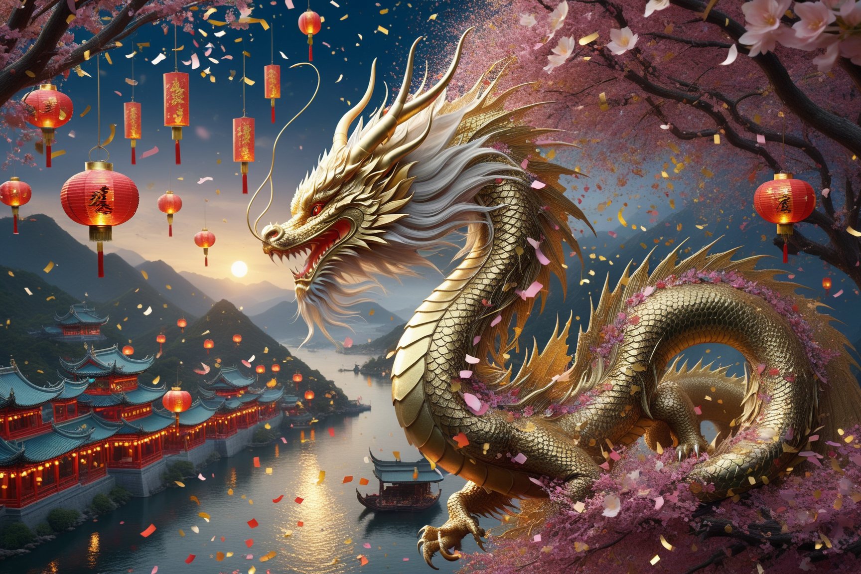 (("A majestic looking at the viewer")),  gogeous gold eyes,  wind,  pieces of confetti blowing in the wind behind the dragon,  (floating paper lanterns:0.5),  beautiful,  ethereal,  (epic,  masterpiece,  best quality:1.4),  DragonConfetti2024_XL, more detail XL,  dissolving tail,<lora:EMS-61413-EMS:0.500000>,<lora:EMS-274942-EMS:0.500000>