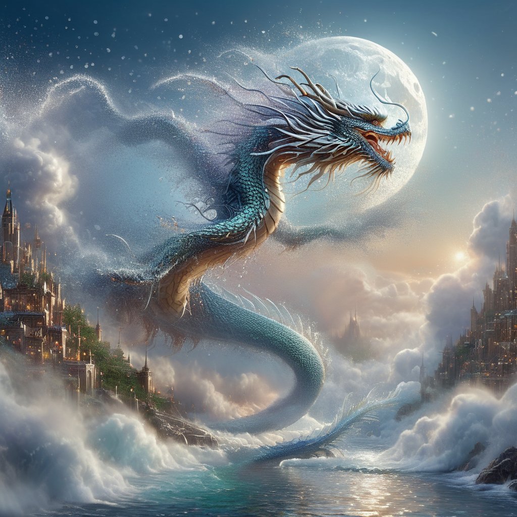 Detailed illustration of a water dragon,  tiny water drops,  mist; Silver moon seascape,  fantasy concept art,  8k resolution,  hyperdetailed matte painting,  "water dragon dissolving" into glittering water droplets and mist,  DragonConfetti2024_XL,<lora:EMS-274942-EMS:0.800000>