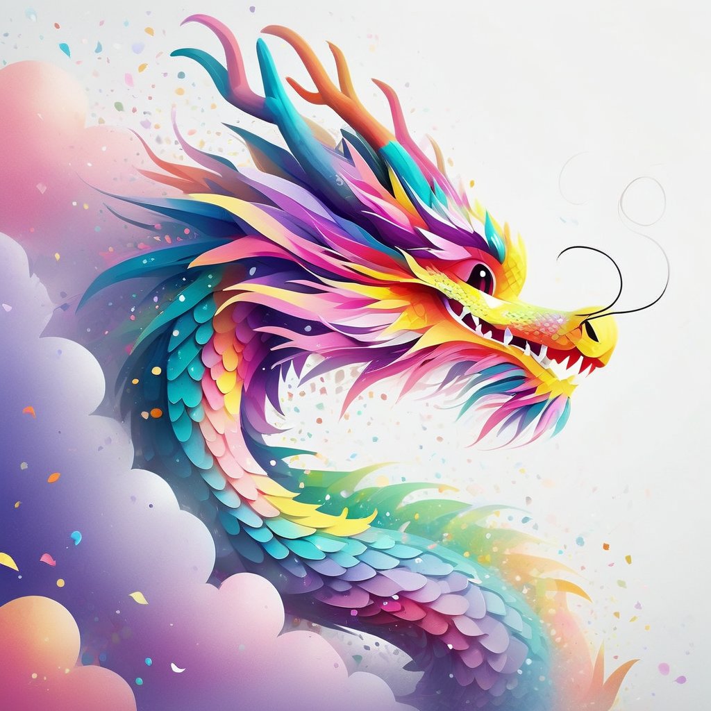 A detailed illustration of a print of a cute colorful dragon,  smile,  glitter,  Studio Ghibli style,  light white,  violet and pink pastel tetradic colors,  line art,  2d cute,  3D vector art,  cute and quirky,  art fantasy,  watercolor effect,  bokeh,  Adobe Illustrator,  hand drawn,  digital painting,  low-poly,  soft lighting,  aerial view,  retro aesthetic,  character focused,  beautiful lighting,  4K resolution,  photorealistic rendering,  using Cinema 4D, Decora_SWstyle, DragonConfetti2024_XL,<lora:EMS-274942-EMS:0.700000>