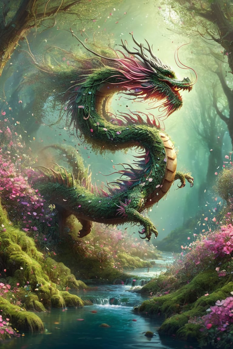 ("cute adorable moss dragon in an enchanted foresr,  dissolving into glitter and clover flowers ::  water dripping"),  fairytale concept art,  by Alberto Seveso,  Cyril Rolando,  Dan Mumford,  Carne Griffiths,  Meaningful Visual Art,  Detailed Strange Painting,  Digital Illustration,  Unreal Engine 5,  32k maximalist,  hyperdetailed fantasy art,  3d digital art,  sharp focus,  masterpiece,  fine artm DragonConfetti2024_XL,<lora:EMS-274942-EMS:0.800000>