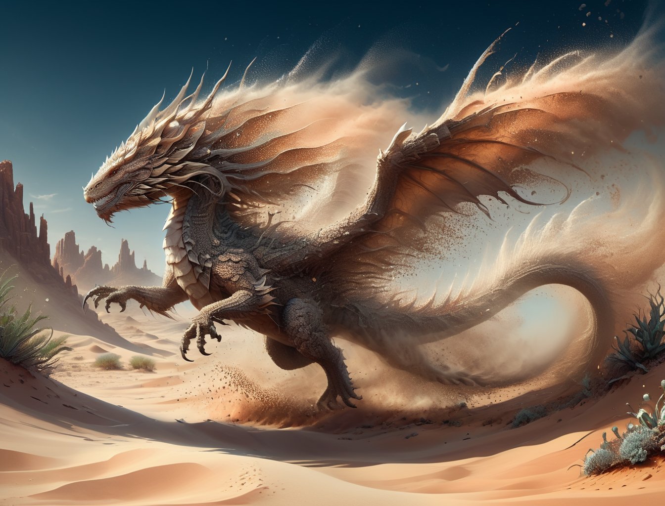 Sandstorm,  Fairytale illustration of ethereal,  ominous rocky earthdragon dissolving into shimmering scattered sand,  warm brown tan ((lizard-like desert rockdragon)),  short limbs,  rocky and sandy scales,  detailed eyes,  short tail,  wingless,  magical desert oasis,  creature made of rock and sand and desert vegetation,  wind,  (sand blowing everywhere in the wind),  wisps of blowing sand,  windy,  sandy,  deep color,  8k resolution,  behance,  Artstation,  photorealistic anime visual,  alberto seveso,  jordan grimmer,  cool detailed background,  global illumination,  subsurface scattering,  reflective catchlights,  high quality vfx,  hyperrealistic raytracing, DragonConfetti2024_XL, Decora_SWstyle,<lora:EMS-274942-EMS:0.800000>,<lora:EMS-262266-EMS:0.800000>
