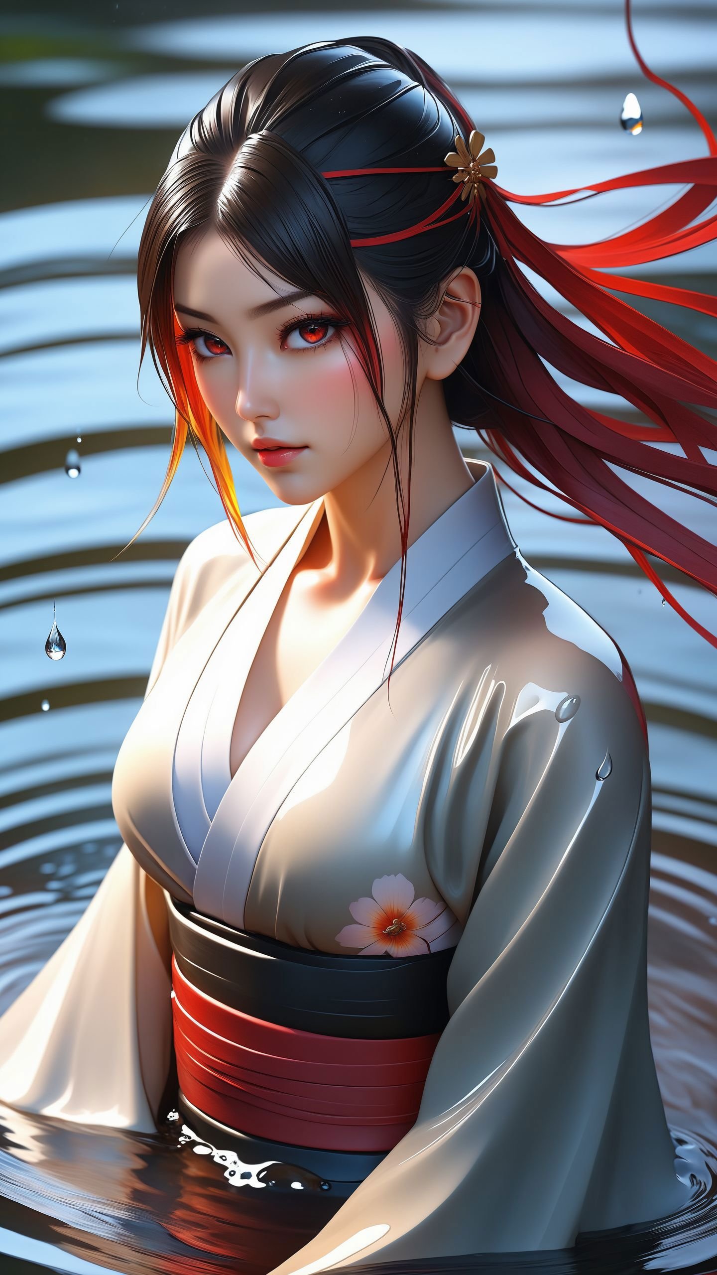 (Highest picture quality), (Master's work), (ultra-detailed), the portrait is centered, 1girl, raiden shogun, nsfw, (wet clothes), blush, bare hips, (sheer shirt), (from above:1.7), (translucent dress), water drop, (rain), (outdoors), stained, wet hair, wet dress, wet, scenery, (long hair), nature background, close up, ((on back)), water, lying in water, masterpiece, best quality, ultra high res, highly detailed, (abstract expressionism art:1.4), [girl | fire ghost:10], love, sparking fire red eyes, dark rainbow theme, colorful, visually stunning, beautiful, gorgeous, emotional, intricate, perferct shading, rainbow hair