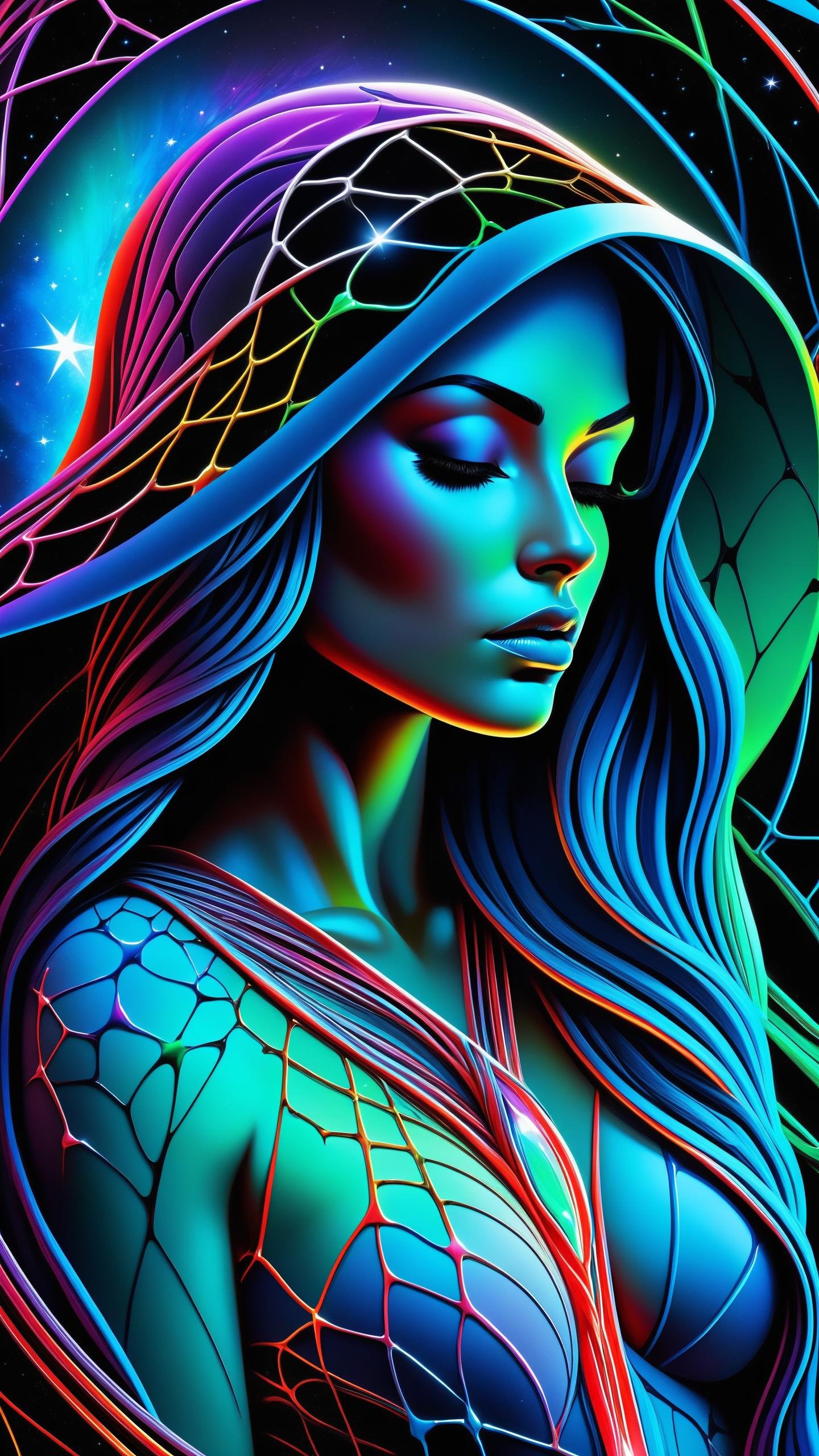 cartoon style, masterpiece, best quality, ultra high res, extremely detailed, (psychedelic art:1.4), woman, veil, visually stunning, beautiful, award-winning illustration, cosmic space background, ethereal atmosphere, ultra quality, beautiful girl, cosmical concept, rainbow strings, rainbow skin, rainbow bloody veins growing and intertwining out of the darkness, nailed wire, oozing thick blue blood, sharp neon, veins growing and pumping blood, vascular networks growing, green veins everywhere, yin and yang, glowing space, glowing stars, infinity symbol