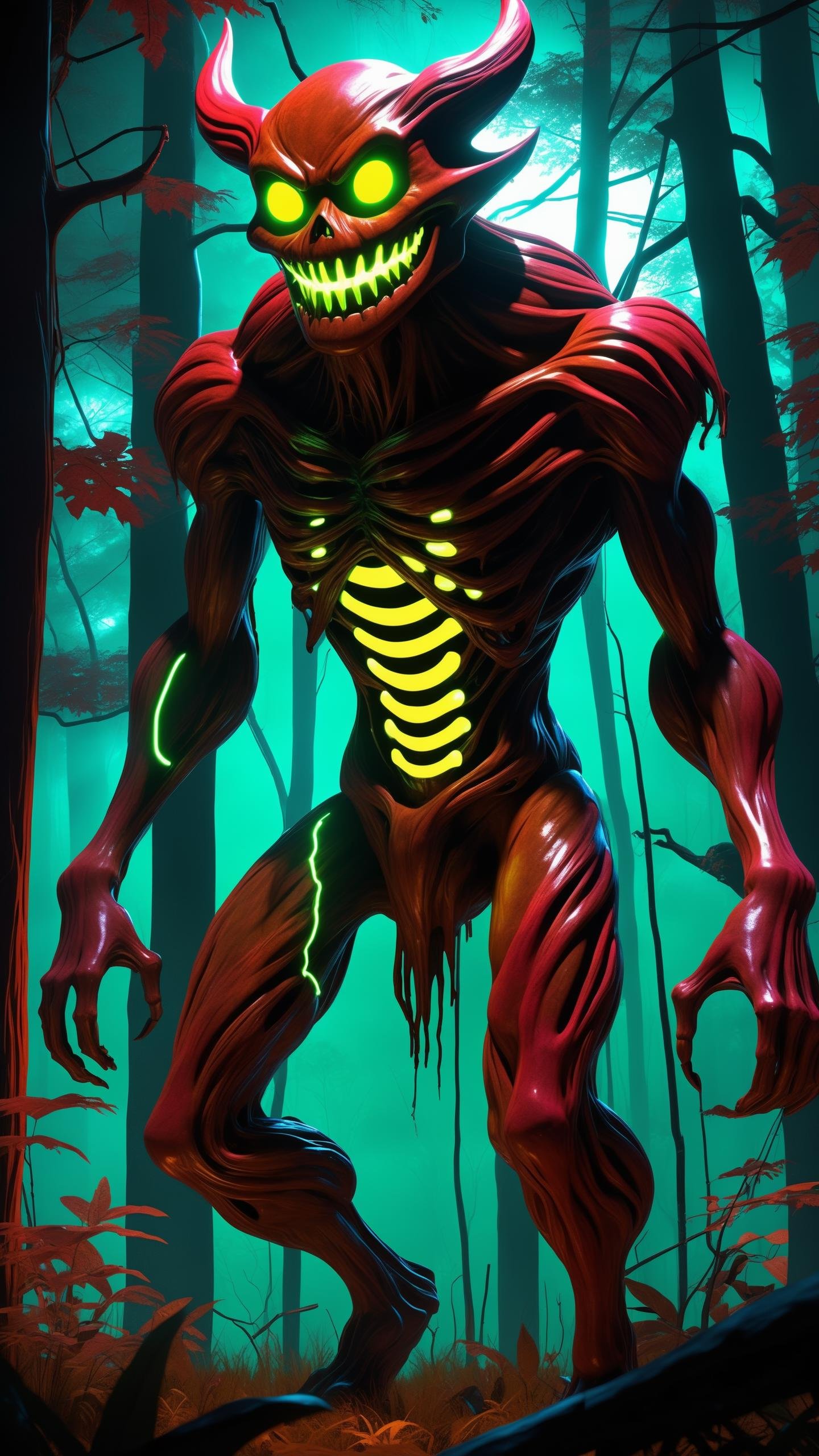"japanese cartoon style, dark forest, full body, dark desaturated green, deep blood red, rusty brown, (horrific shadow creature:1.25) with blacklight makeup, glowing eyes, yellow smile, (neon leds implanted in skin:1.25), perfect anatomy, horror, creepy, dark, eerie, menacing, supernatural, monster, nightmare, masterpiece, best quality, highly detailed, sharp focus, dynamic lighting, vivid colors, texture detail, particle effects, storytelling elements, narrative flair, 16k, UE5, HDR, subject-background isolation