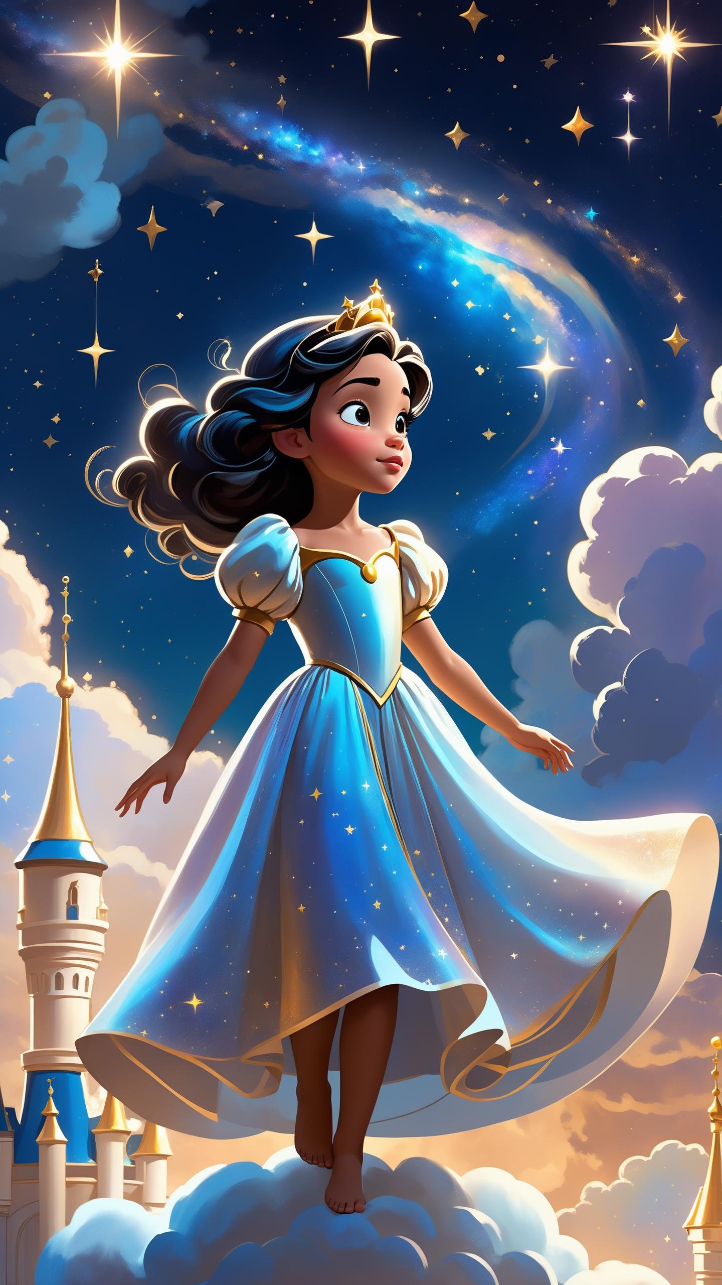"Disney style, a beautiful young girl princess in a shimmering, starry robe, residing in a celestial palace atop a floating cloud in the skies, where she watches over the dreams and wishes of children around the world. soft outlines, perfect eyes, dark pupils, magnificent, celestial, ethereal, painterly, epic, majestic, magical, fantasy art, dreamy, unique pose, dynamic pose