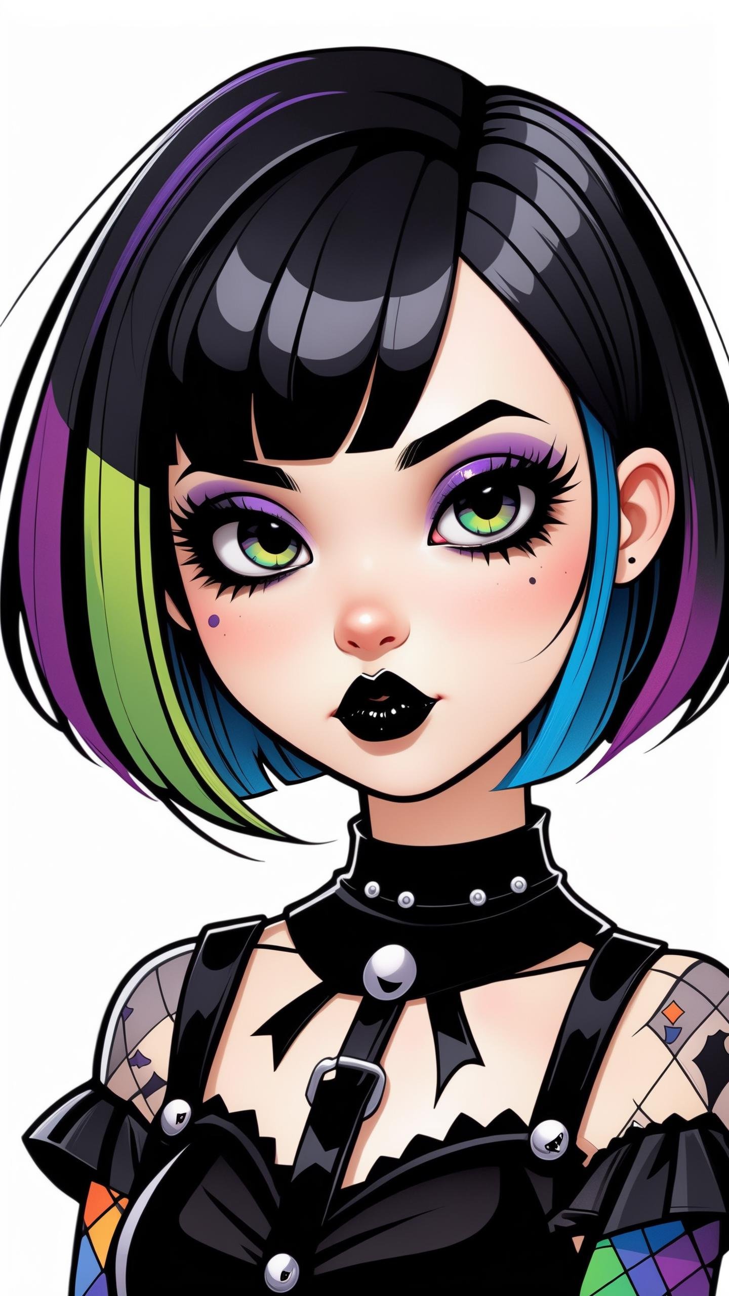 kawaii cute goth girl in a cartoon style, 1girl,solo, upper body, looking at viewer, white background, bob cut, short hair, multicolored hair, makeup , parted lips, black lips, eyeliner, gothic, goth girl