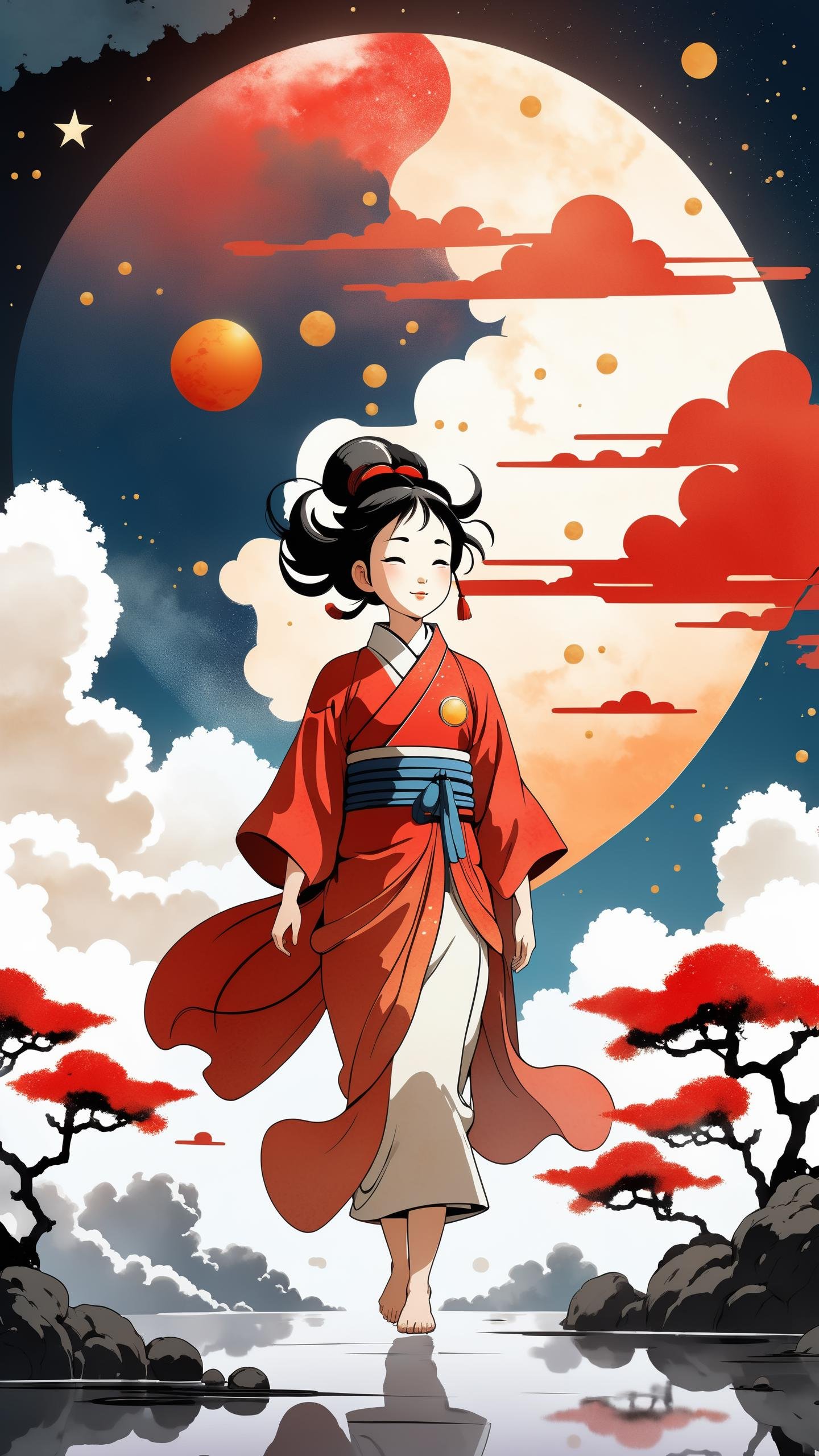 "A detailed illustration muted chinese ink painting, muted colors, rice paper texture, splash paint, halo ai, one human, one red sun. Venus. Space. Clouds wet to wet techniques. vibrant vector. using Cinema 4D, cute ghibli studio style, cute cartoon style