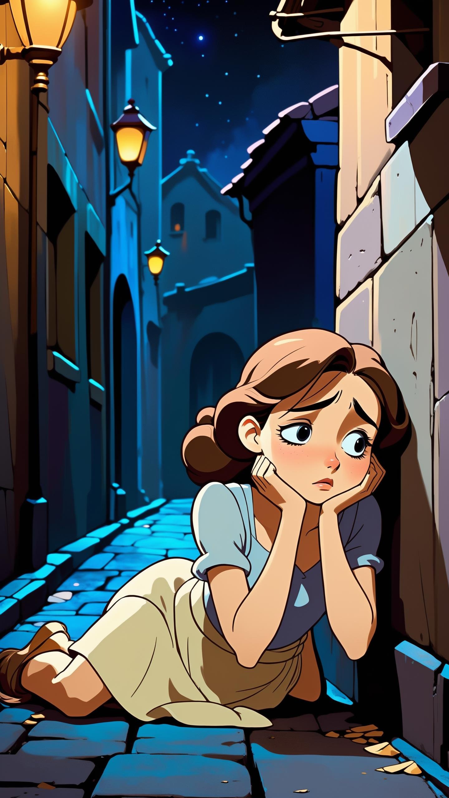 "Disney style, A beautiful young woman (depressed, sad, crying:1.3) lying collapsed on the ground against a wall in a dark mysterious alleyway at night, soft outlines, perfect eyes, dark pupils, magnificent, celestial, ethereal, painterly, epic, majestic, magical, fantasy art, dreamy, unique pose, dynamic pose, cartoon style, studio ghibli style