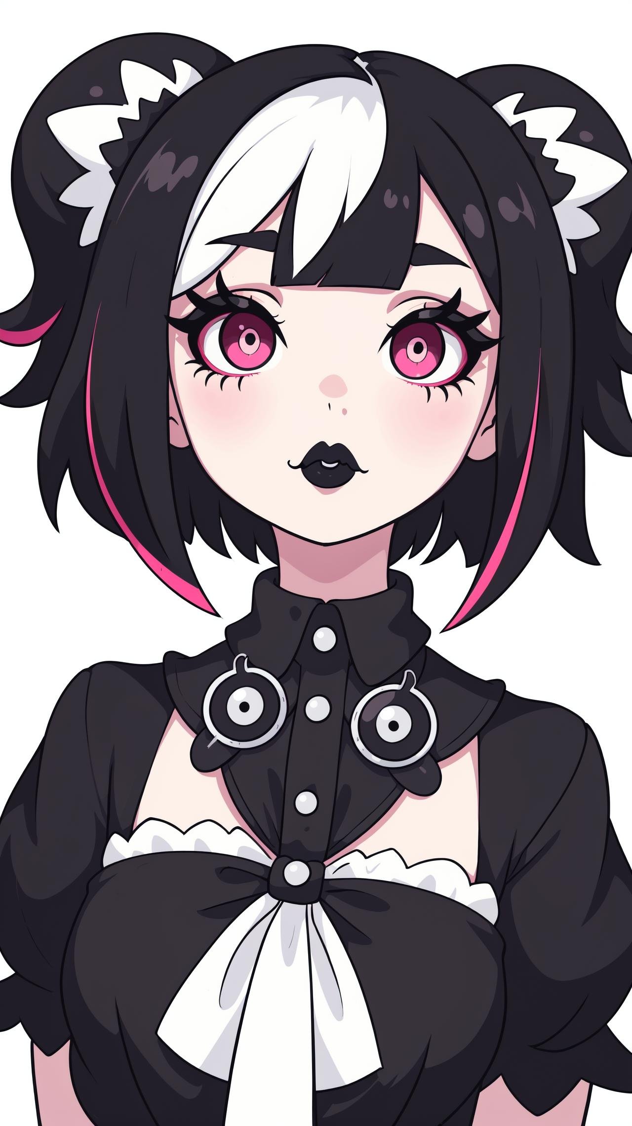 kawaii cute goth girl in a cartoon style, 1girl,solo, upper body, looking at viewer, white background, bob cut, short hair, multicolored hair, makeup, parted lips, black lips, eyeliner, gothic, goth girl