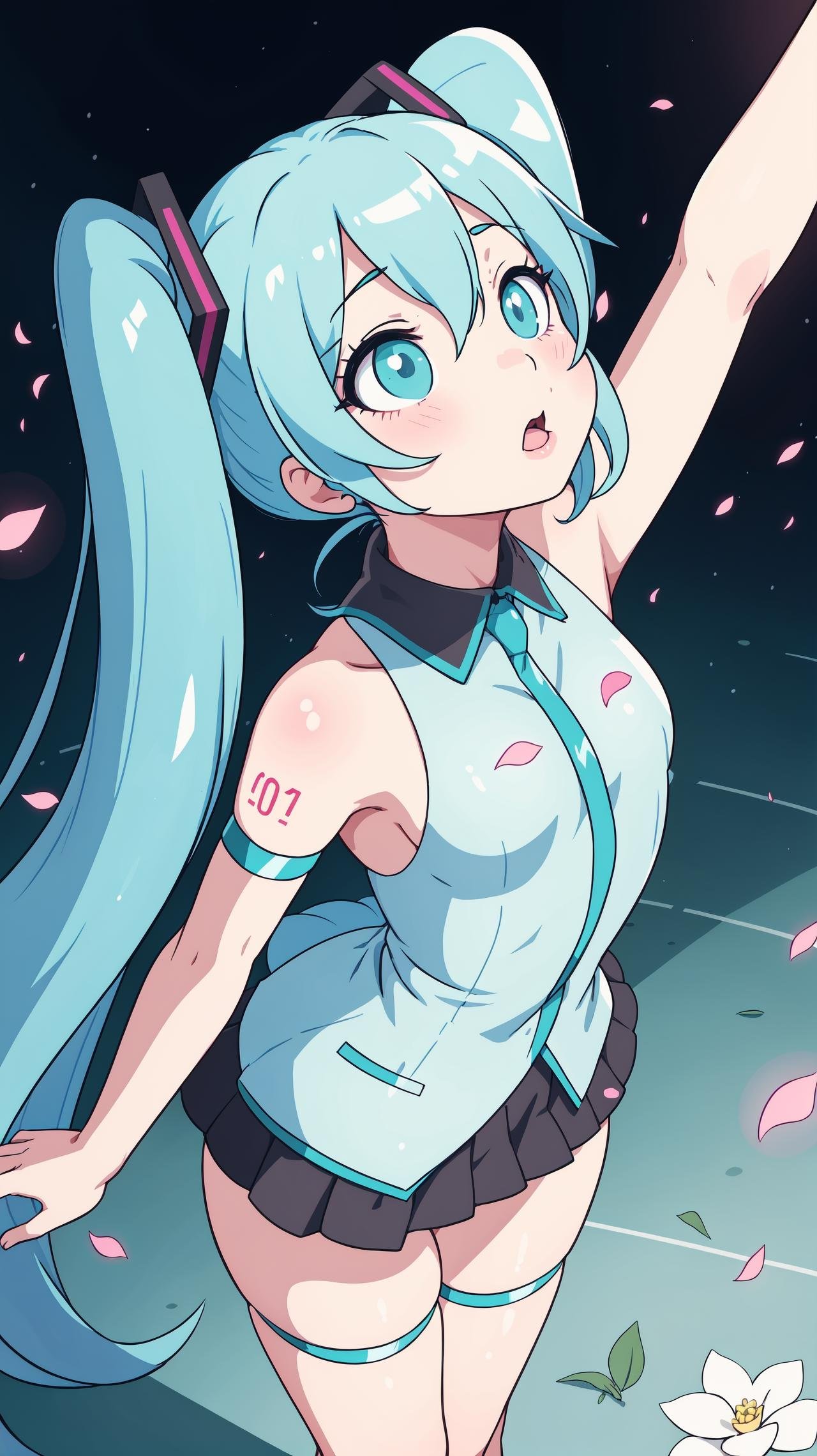 face focus, masterpiece, best quality, 1girl, hatsune miku, goth hatsune miku, kawaii cute hatsune mike in a cartoon style wearing latex clothing, suggestive face, hentai face, sime nude, white roses, petals, night background, fireflies, light particle, solo, aqua hair with twin tails, aqua eyes, standing, pixiv, depth of field, cinematic composition, best lighting, looking up
