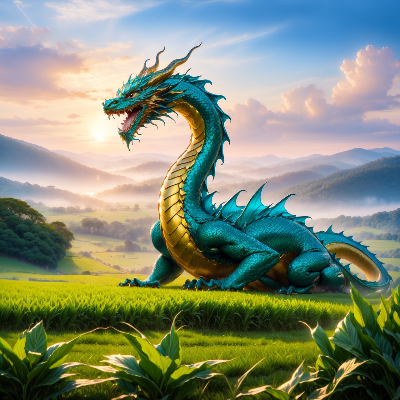 A striking depiction of 'The dragon appearing in the field' (见龙在田), focusing on the image of a traditional Chinese dragon. The dragon, with its splendid scales and regal posture, is prominently displayed against a backdrop of lush fields, symbolizing newfound visibility and the awakening of potential. The dragon's appearance is majestic and formidable, with its body elegantly coiling and its gaze piercing, embodying wisdom and emerging power. The surrounding fields are rich and fertile, enhancing the significance of the dragon's emergence and the promise of growth and prosperity.
By FuturEvoLab, (Masterpiece, Best Quality, 8k:1.2), (Ultra-Detailed, Highres, Extremely Detailed, Absurdres, Incredibly Absurdres, Huge Filesize:1.1), 