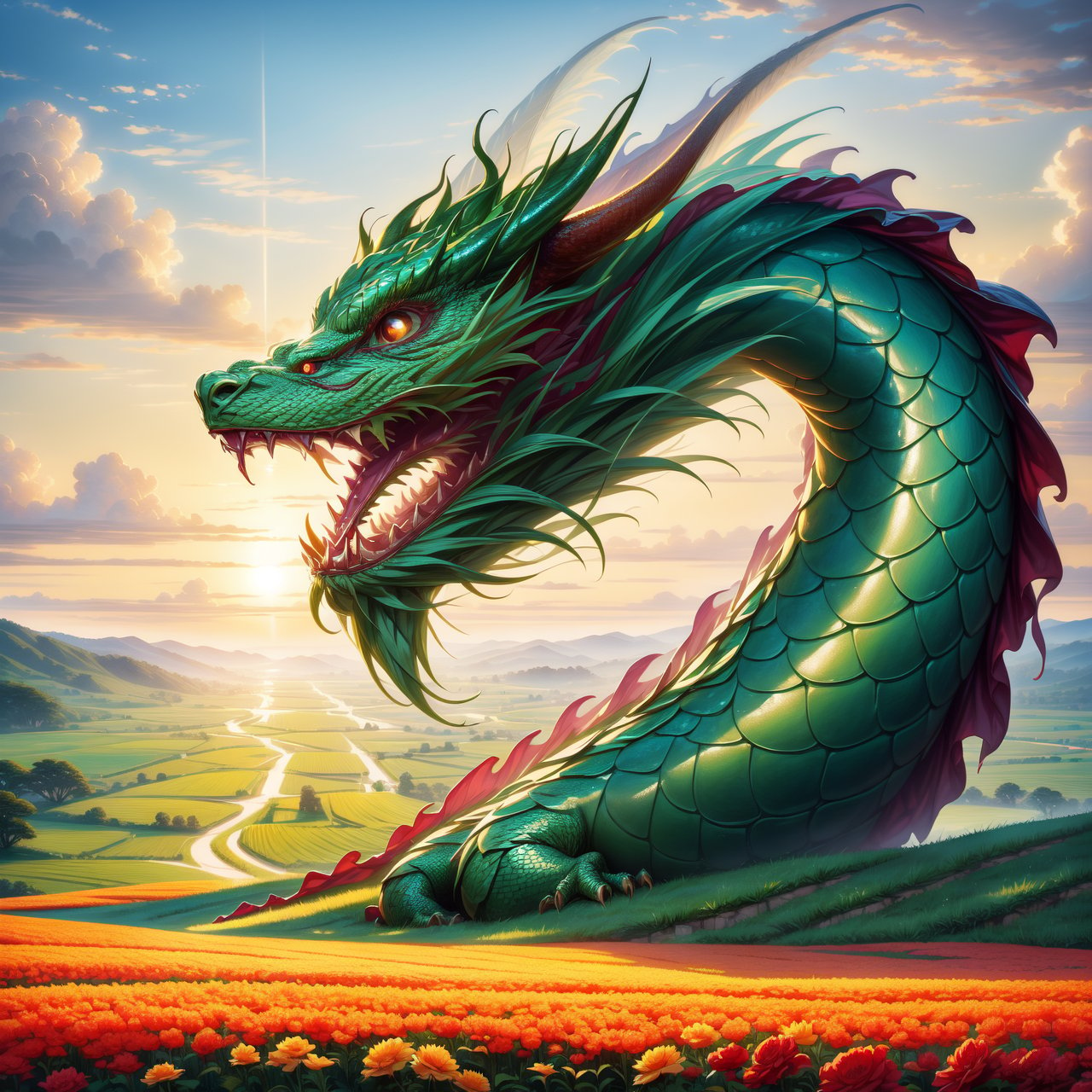 A striking depiction of 'The dragon appearing in the field' (见龙在田), focusing on the image of a traditional Chinese dragon. The dragon, with its splendid scales and regal posture, is prominently displayed against a backdrop of lush fields, symbolizing newfound visibility and the awakening of potential. The dragon's appearance is majestic and formidable, with its body elegantly coiling and its gaze piercing, embodying wisdom and emerging power. The surrounding fields are rich and fertile, enhancing the significance of the dragon's emergence and the promise of growth and prosperity.
By FuturEvoLab, (Masterpiece, Best Quality, 8k:1.2), (Ultra-Detailed, Highres, Extremely Detailed, Absurdres, Incredibly Absurdres, Huge Filesize:1.1), 