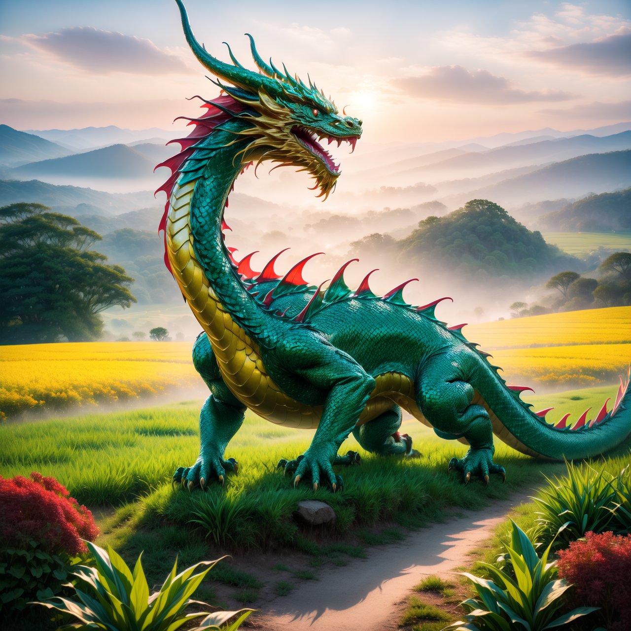 An impactful and vivid portrayal of 'The dragon appearing in the field' (见龙在田), emphasizing the image of a traditional Chinese dragon. The dragon, with its intricate scales and majestic form, is partially emerging from a lush, verdant field, symbolizing the beginning of recognition and the potential coming to light. The dragon's presence is commanding and awe-inspiring, with its body gracefully winding and its eyes conveying wisdom and power. The setting is a vibrant and fertile field, suggesting the dragon's emerging influence and the start of its ascent.
By FuturEvoLab, (Masterpiece, Best Quality, 8k:1.2), (Ultra-Detailed, Highres, Extremely Detailed, Absurdres, Incredibly Absurdres, Huge Filesize:1.1), 