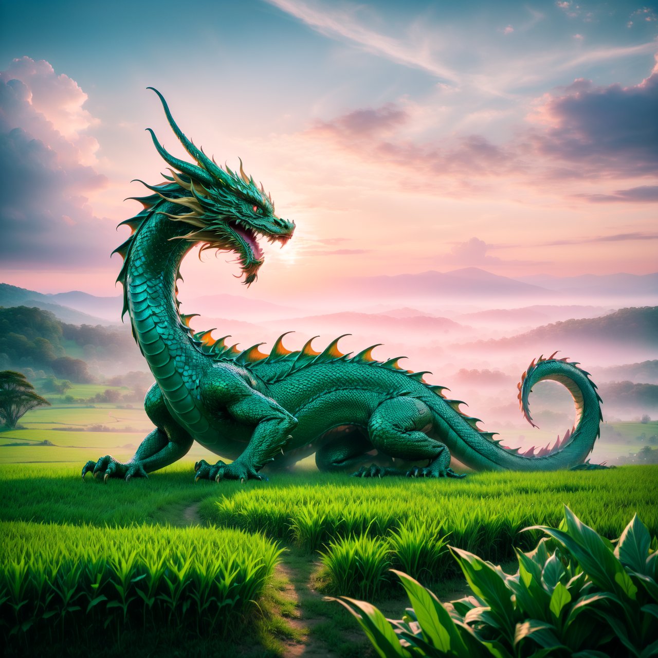 An impactful and vivid portrayal of 'The dragon appearing in the field' (见龙在田), emphasizing the image of a traditional Chinese dragon. The dragon, with its intricate scales and majestic form, is partially emerging from a lush, verdant field, symbolizing the beginning of recognition and the potential coming to light. The dragon's presence is commanding and awe-inspiring, with its body gracefully winding and its eyes conveying wisdom and power. The setting is a vibrant and fertile field, suggesting the dragon's emerging influence and the start of its ascent.
By FuturEvoLab, (Masterpiece, Best Quality, 8k:1.2), (Ultra-Detailed, Highres, Extremely Detailed, Absurdres, Incredibly Absurdres, Huge Filesize:1.1), 