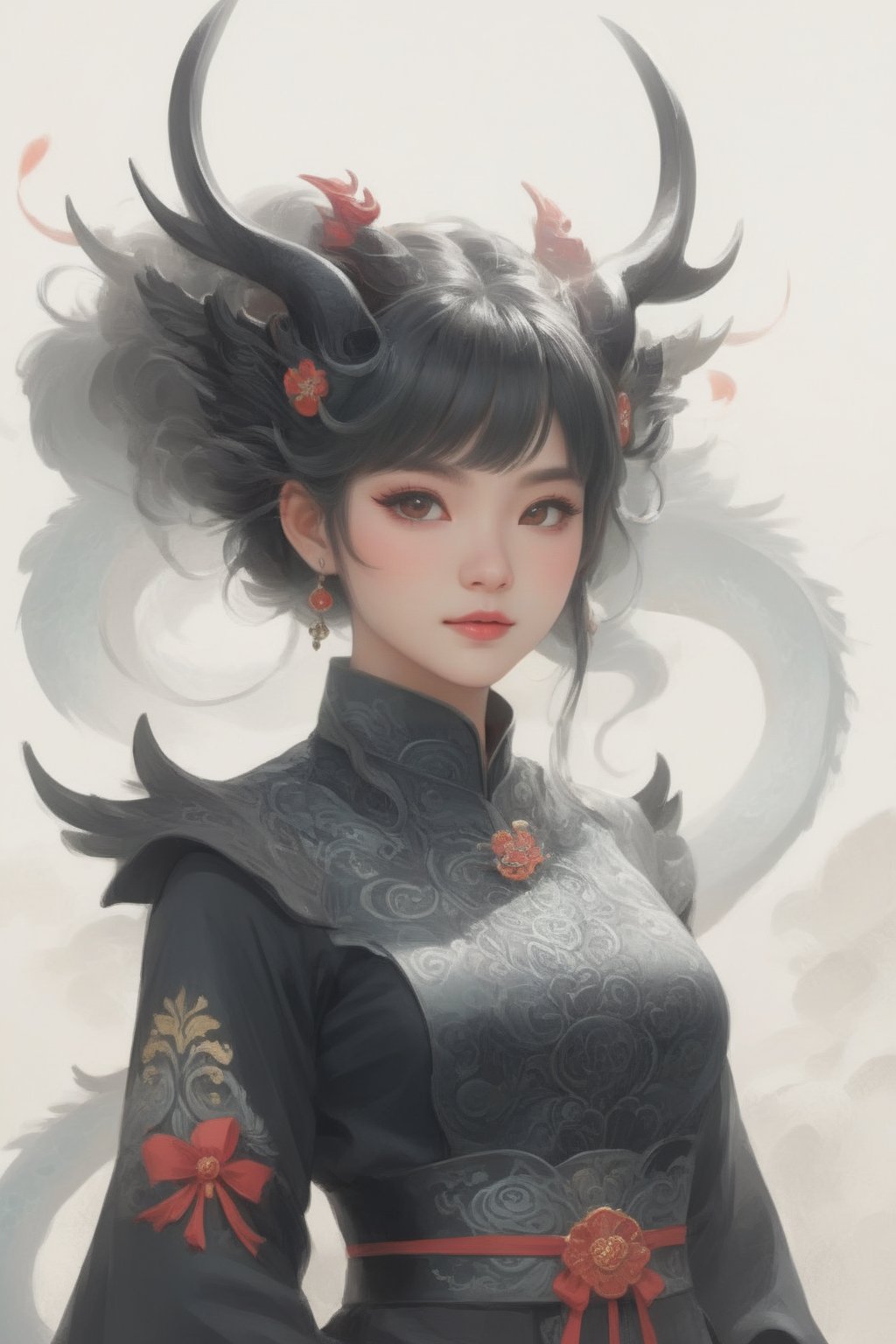 1 girl, (masterful), (long intricate horns:1.2),detailed and intricate, dragonyear, dragon-themed
,Glass Elements, looking_at_viewer,chinese girls,goth person,  sfw,  complex background,dragon-themed,dragonyear 