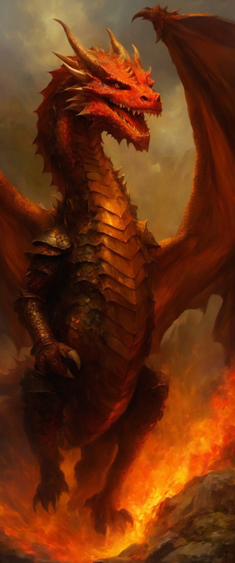 Deception of a medival  dragon slayer. dark, raw,oil paint