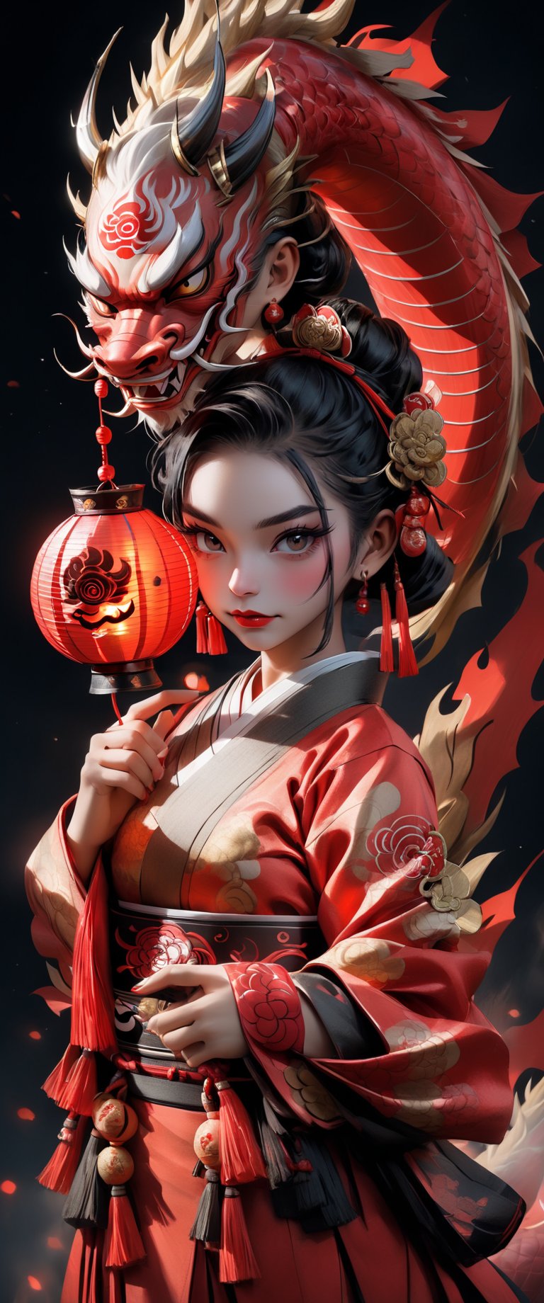 1girl, solo, looking at viewer, black hair, hair ornament, holding, standing, japanese clothes, kimono, hair bun, sash, makeup, lipstick, lantern, red lips, taking care of a dragon, paper lantern,oni style,ct-drago
