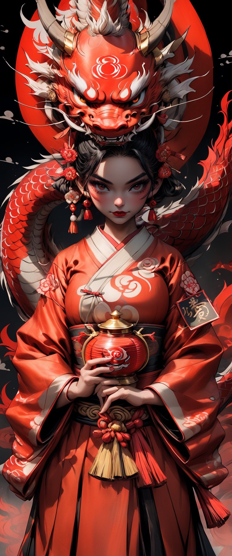 1girl, solo, looking at viewer, black hair, hair ornament, holding, standing, japanese clothes, kimono, hair bun, sash, makeup, lipstick, lantern, red lips, taking care of a dragon, paper lantern,oni style,ct-drago