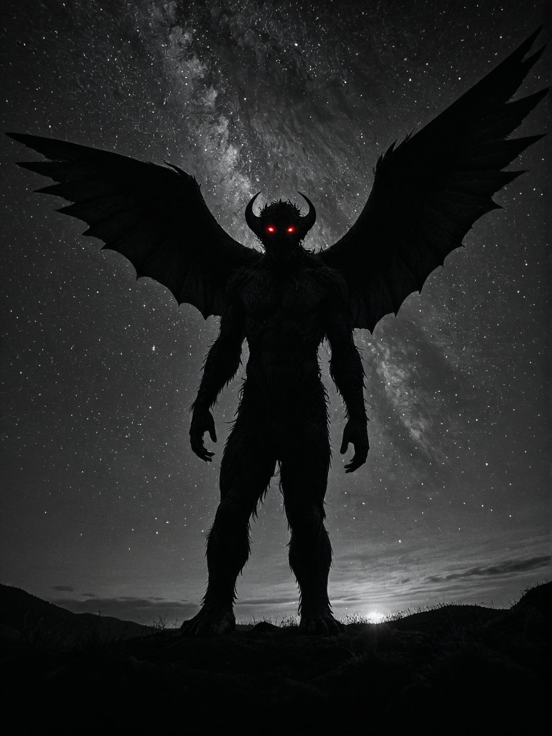 Realism, digital black and white photo, portrait, wide angle of view, Starry sky, silhouette of monster with wings, eyes glow red, dramatic darknes,