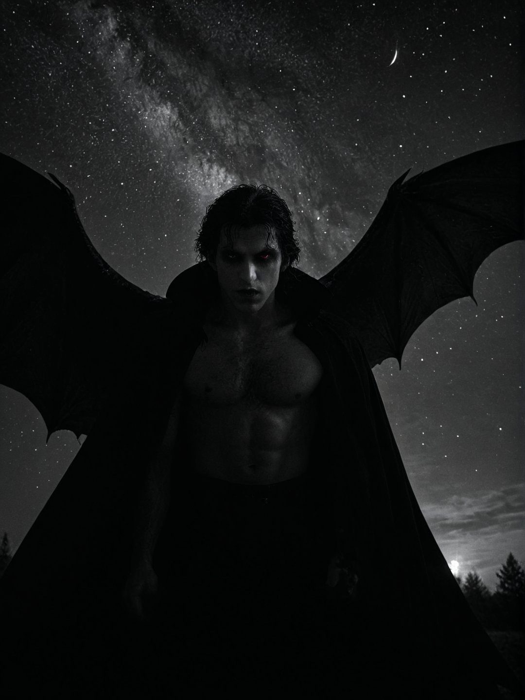 Realism, digital black and white photo, portrait, wide angle of view, The starry sky, the silhouette of a vampire with wings, eyes glow red,, dramatic darknes,