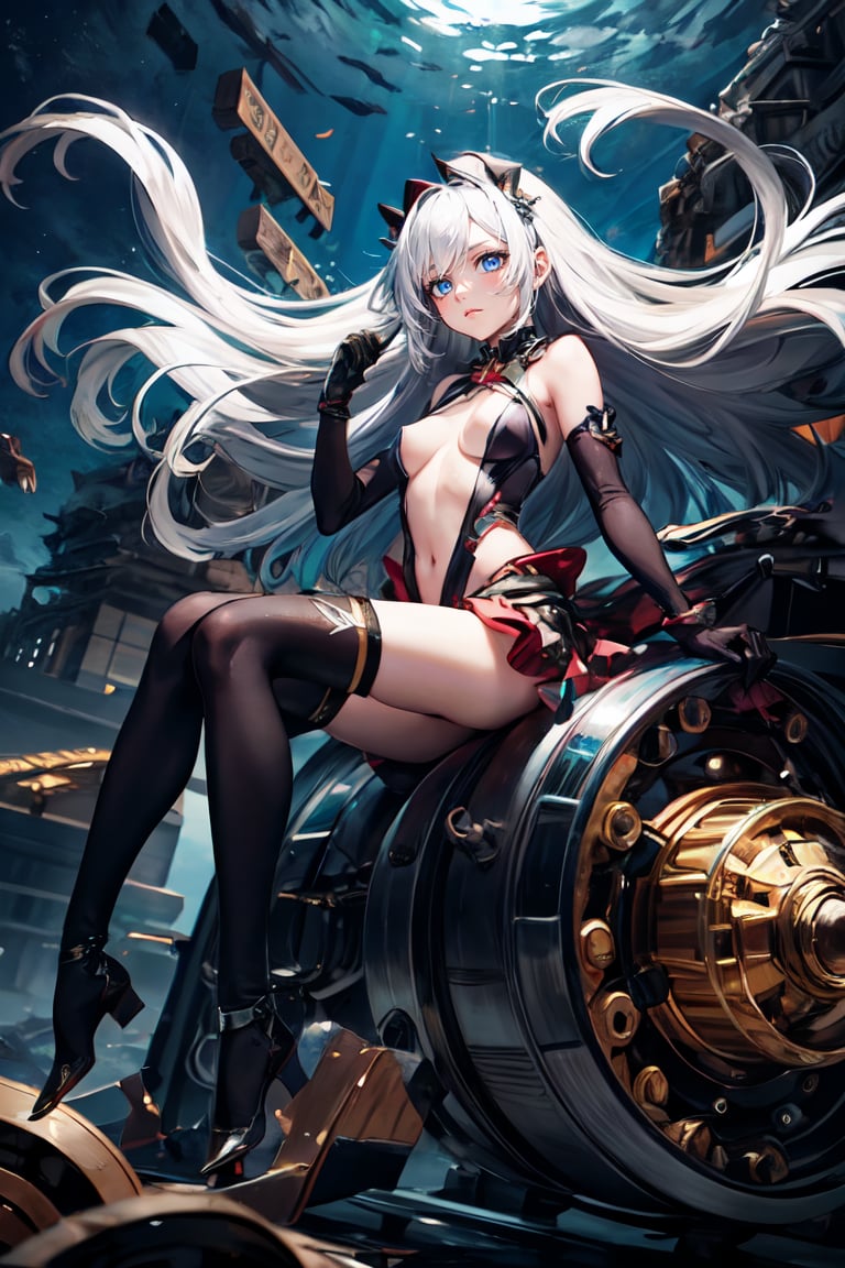 1girl, solo, long hair, blue eyes, thighhighs, gloves, closed mouth, full body, small breasts, floating hair, floating, metal,  mechanical body,mechanical