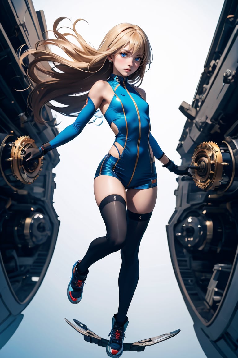 1girl, solo, long hair, blue eyes, thighhighs, gloves, closed mouth, full body, small breasts, floating hair, floating, metal,  mechanical body,mechanical