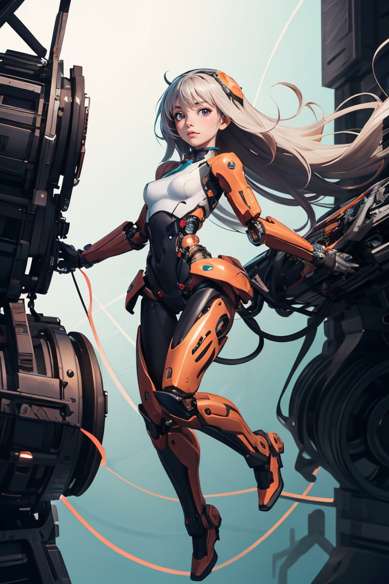 1girl, solo, long hair, closed mouth, full body, small breasts, floating hair, floating, metal,  mechanical body,mechanical, robot_girl ,complex,  